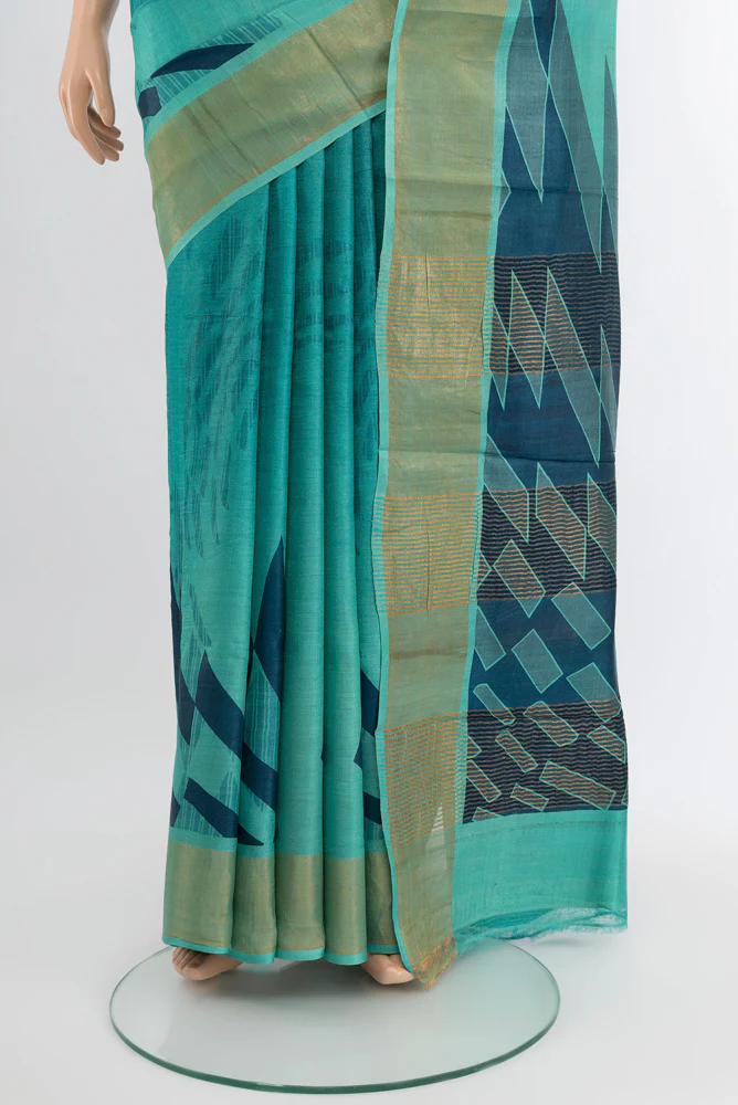 Sky Blue Tussar Silk Saree - Image 3