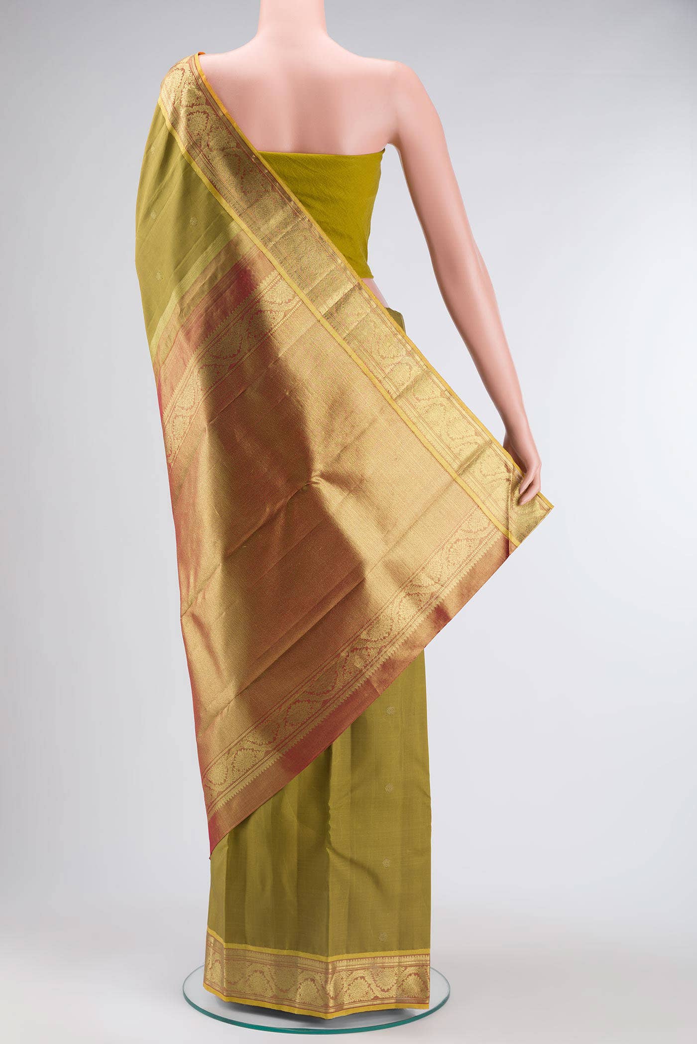 Suvarna-Pure Silk Pure Gold Zari Olive Green Kanchipuram Saree - Image 5