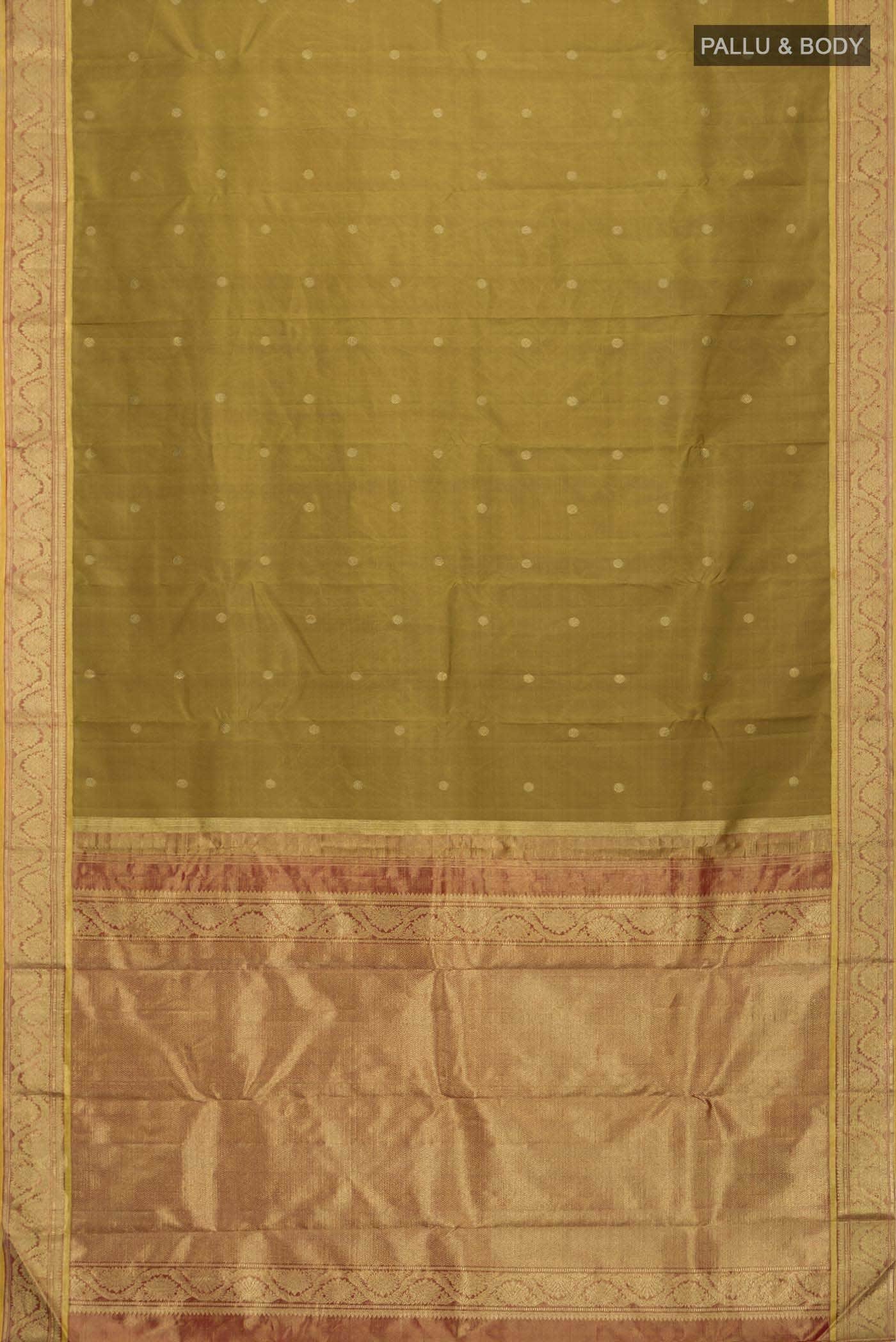 Suvarna-Pure Silk Pure Gold Zari Olive Green Kanchipuram Saree - Image 6