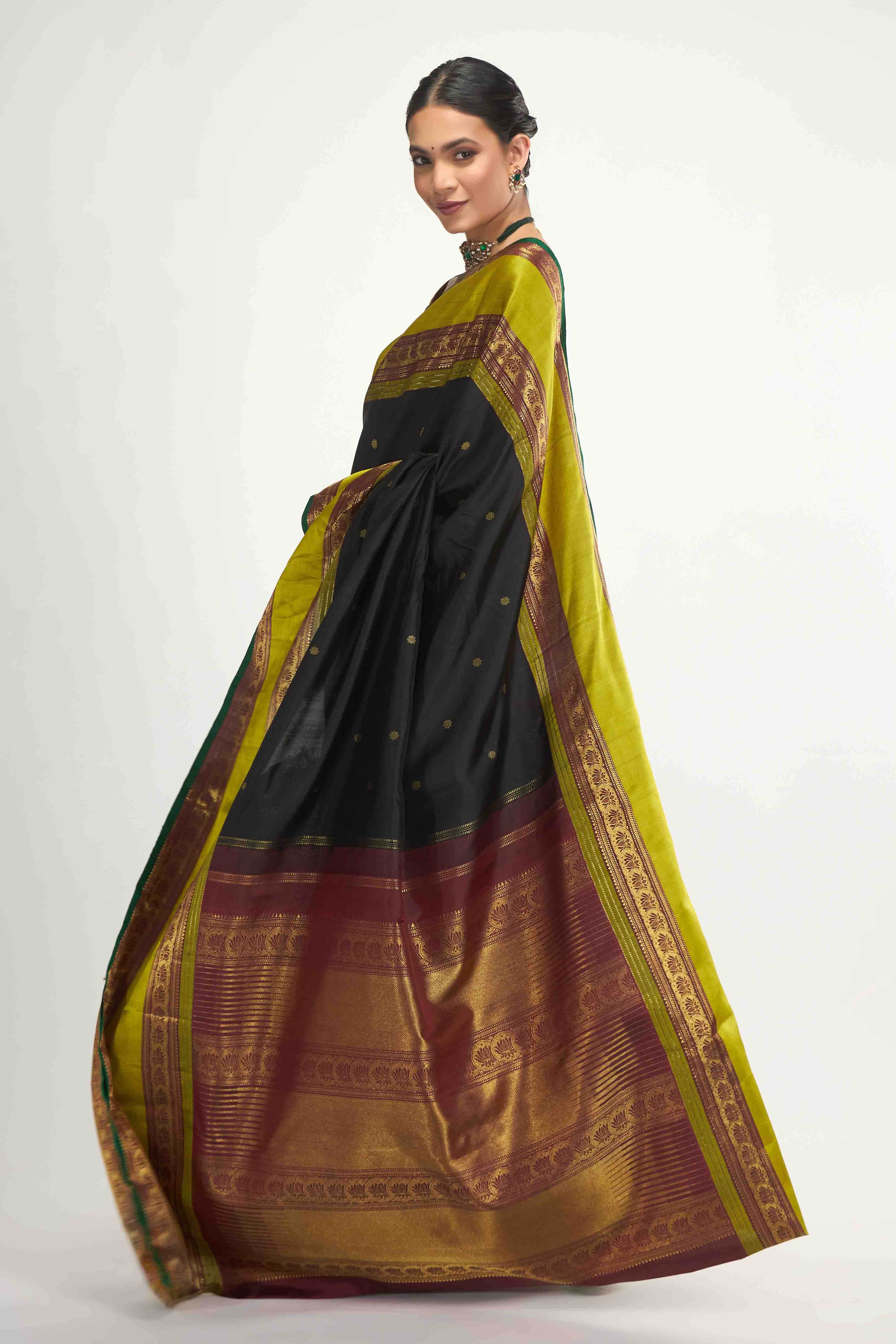 Tamira-Pure Silk Pure Gold Zari Black Kanchipuram Saree - Image 4
