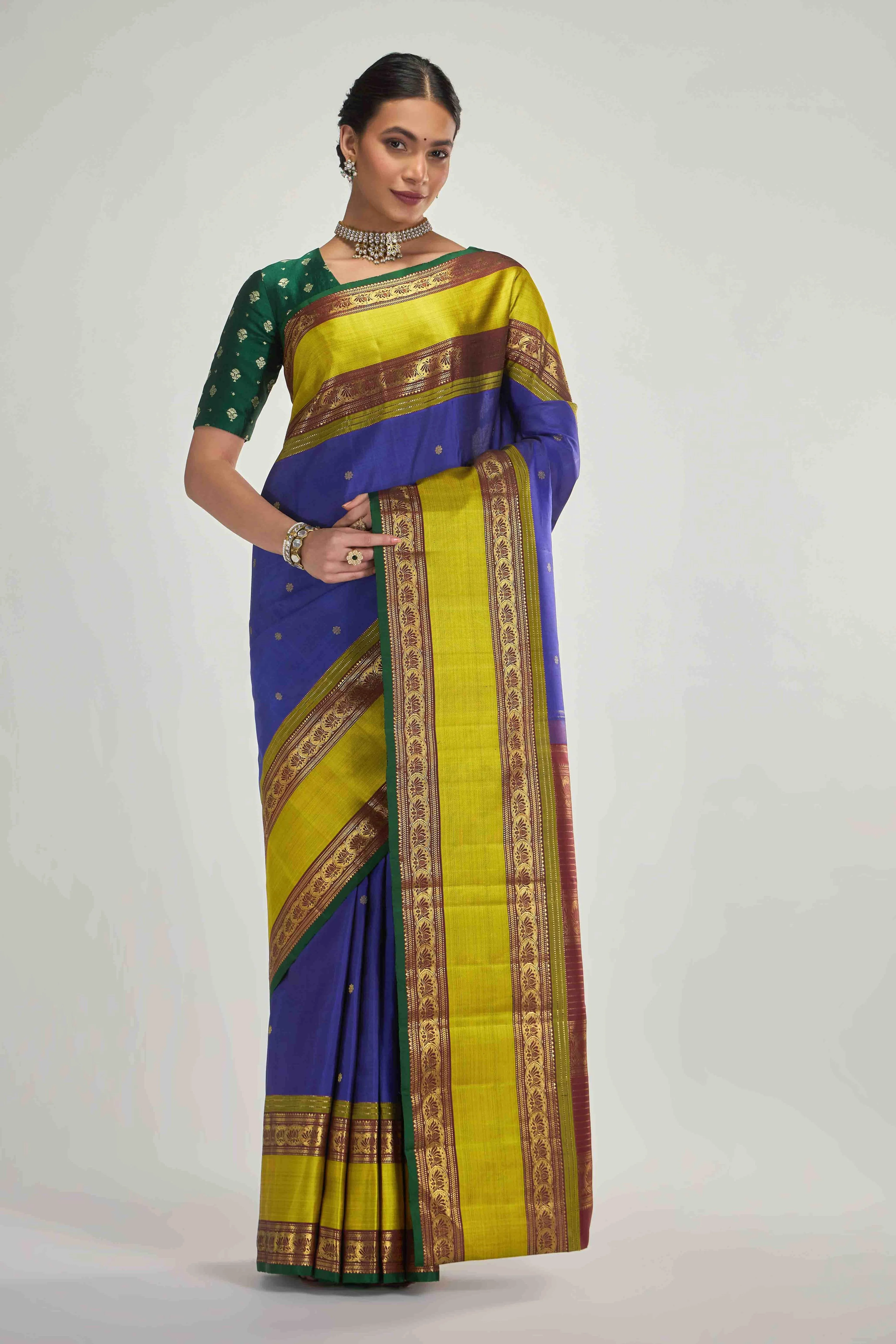 Tamira-Pure Silk Pure Gold Zari Blue Kanchipuram Saree
