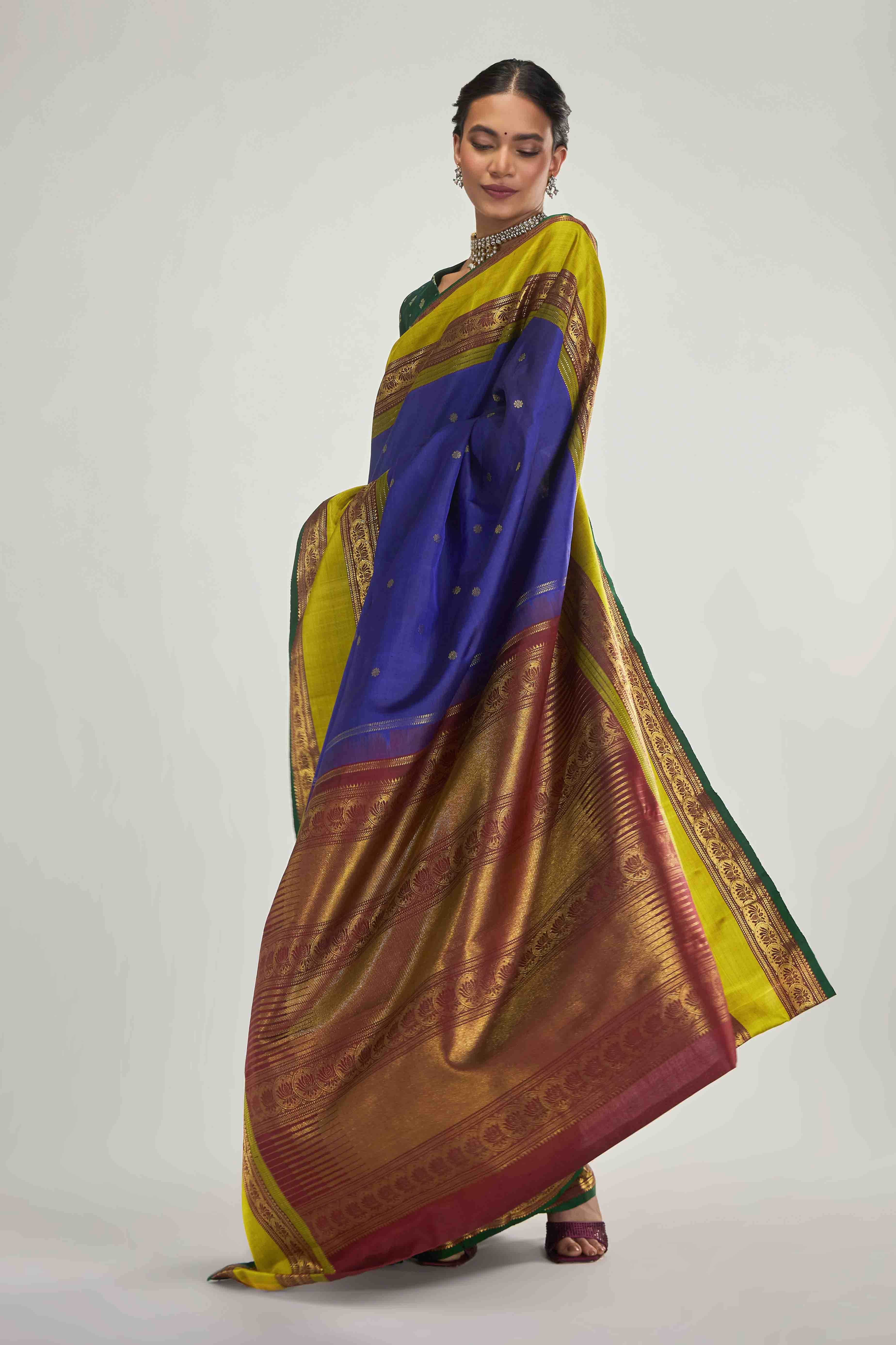 Tamira-Pure Silk Pure Gold Zari Blue Kanchipuram Saree - Image 2