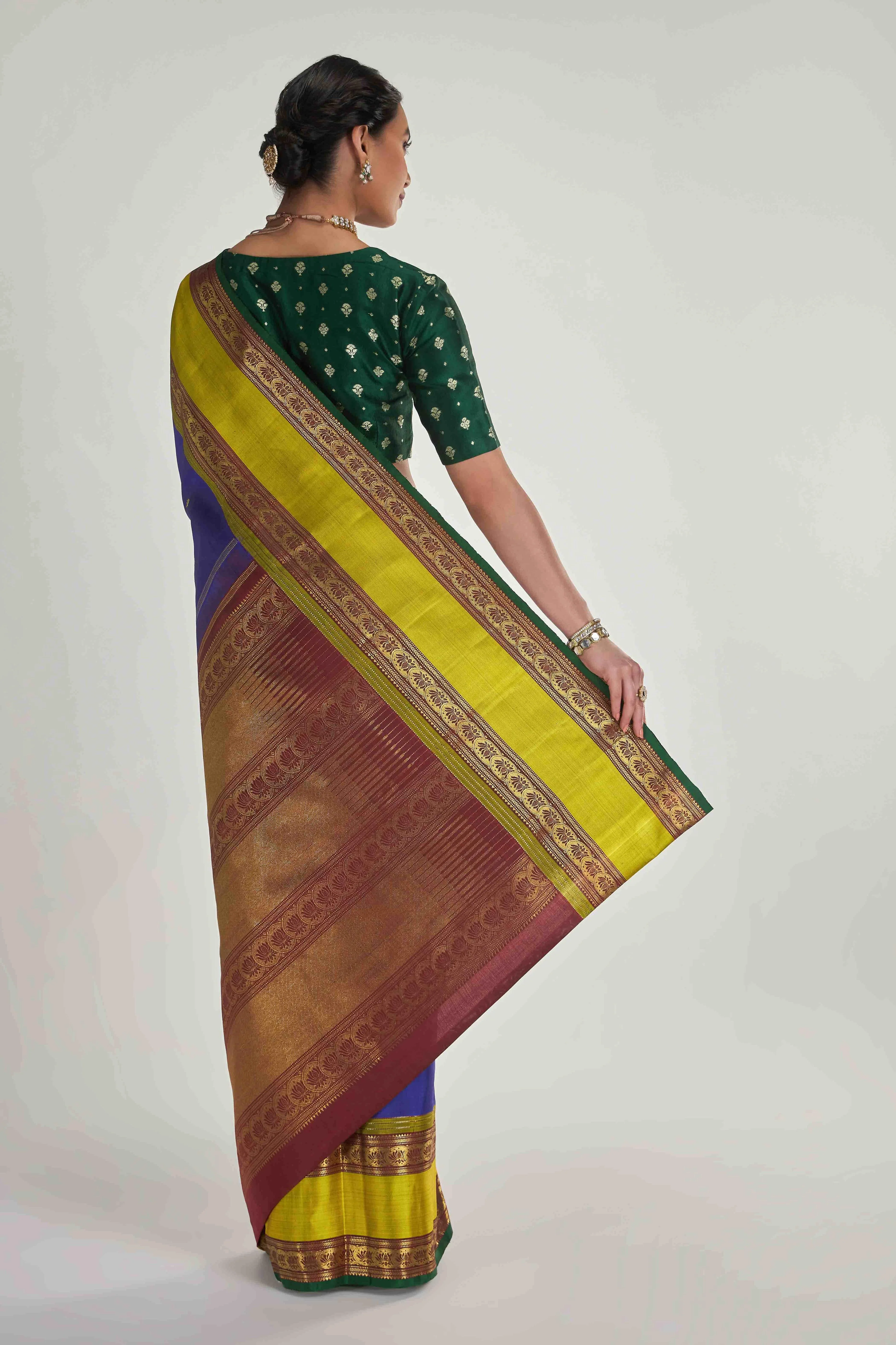 Tamira-Pure Silk Pure Gold Zari Blue Kanchipuram Saree - Image 6