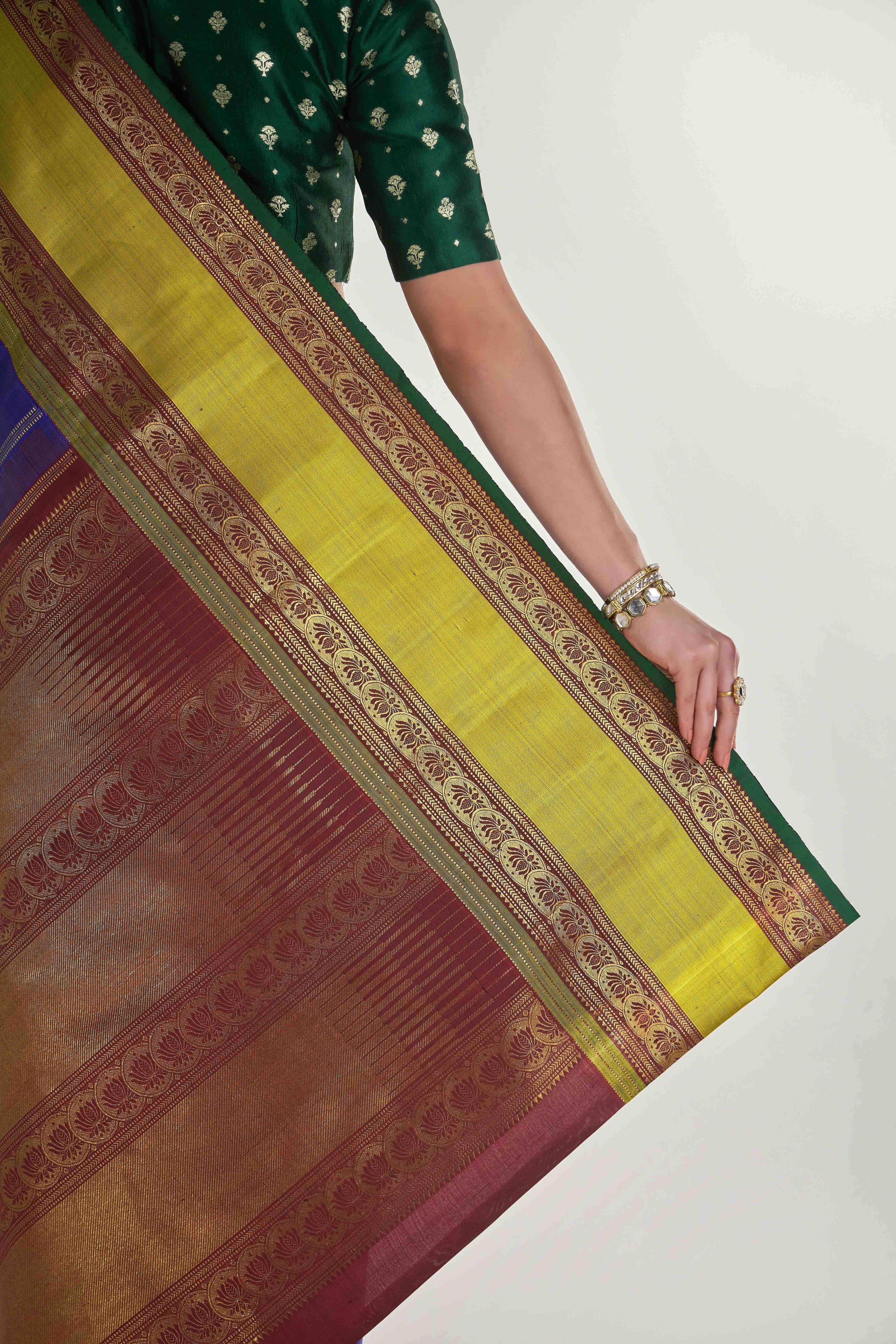 Tamira-Pure Silk Pure Gold Zari Blue Kanchipuram Saree - Image 7