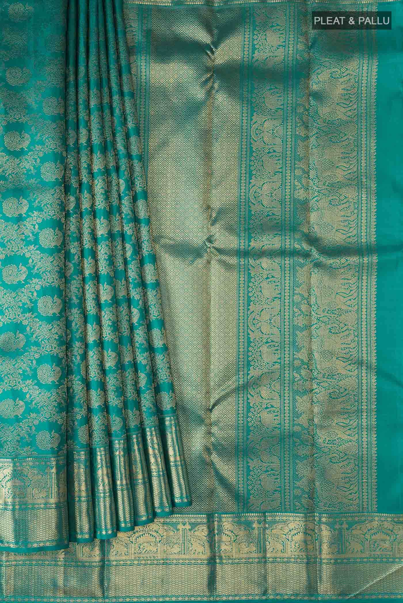 Pure Silk Pure Zari Teal Kanjivaram Saree - Image 2