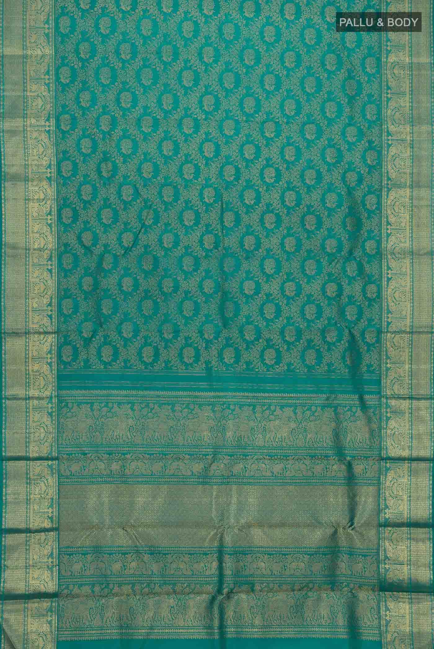 Pure Silk Pure Zari Teal Kanjivaram Saree - Image 4