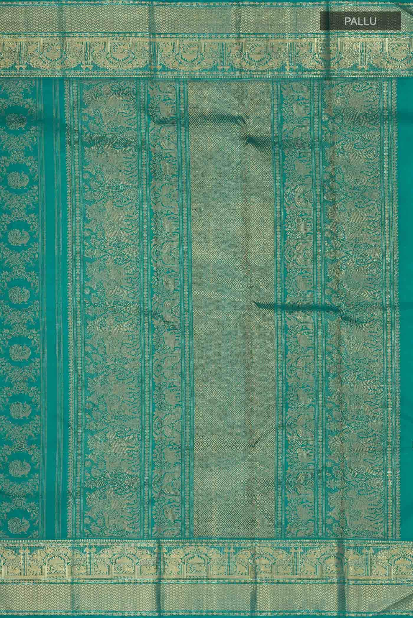 Pure Silk Pure Zari Teal Kanjivaram Saree - Image 5