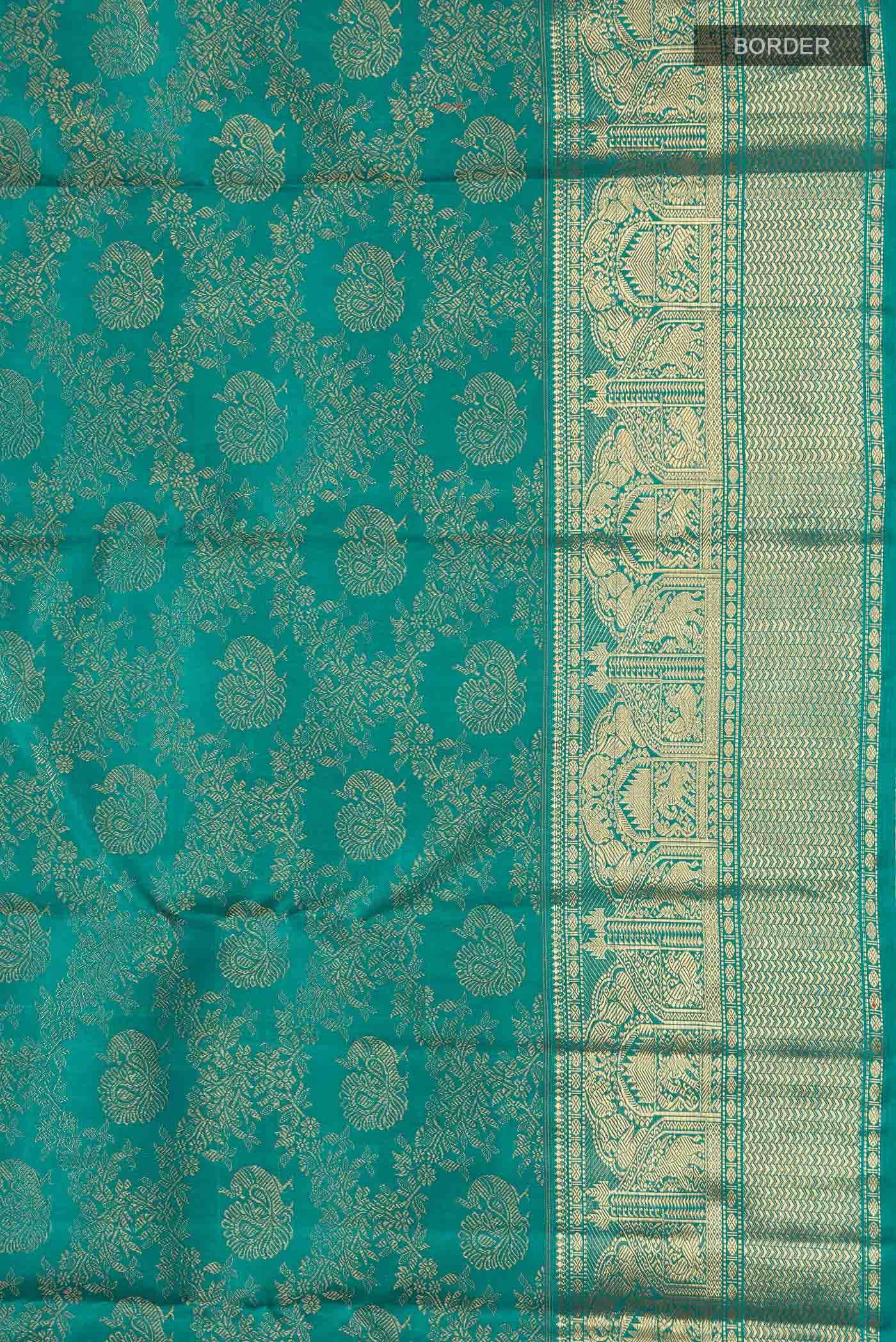 Pure Silk Pure Zari Teal Kanjivaram Saree - Image 6
