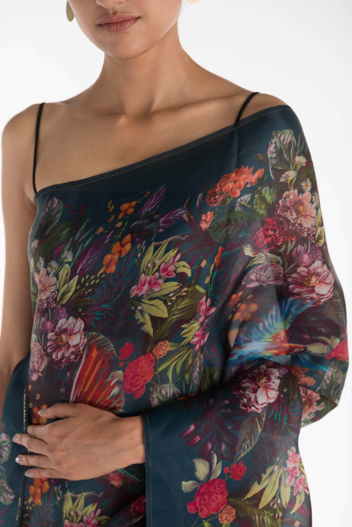 Hyacinth Macaws Teal Satin Organza Saree - Image 3