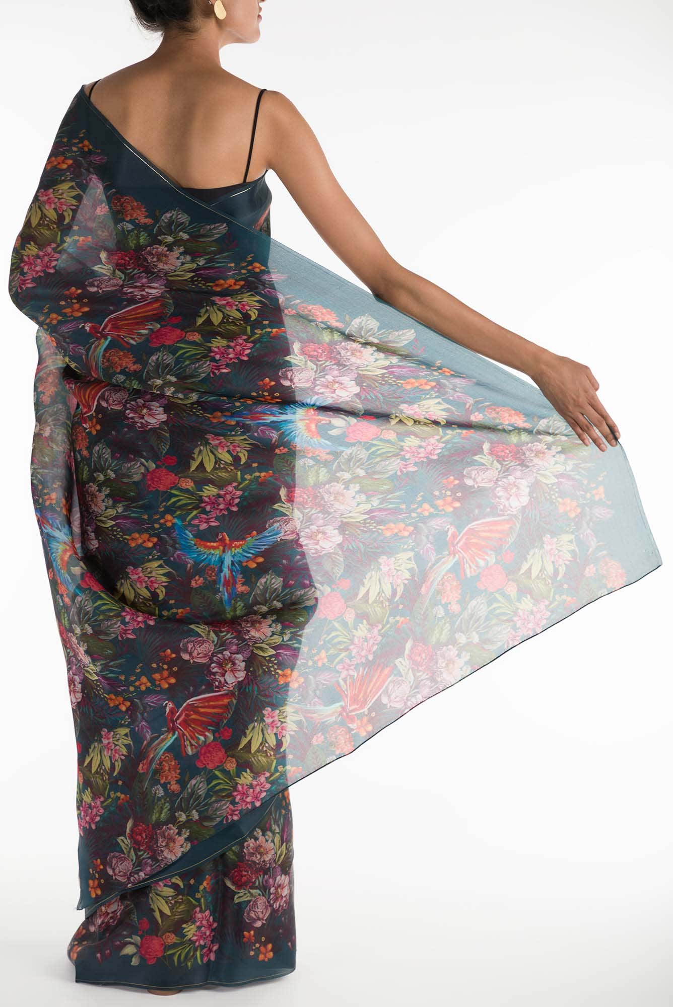 Hyacinth Macaws Teal Satin Organza Saree - Image 4