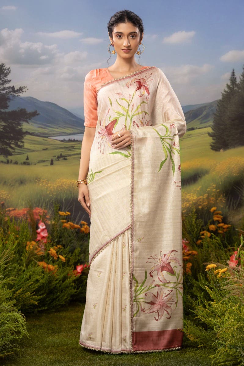 Tempest Lilies-Cream Tussar Silk Saree - Image 2