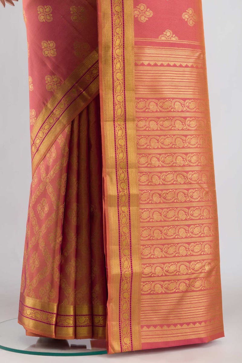 Thamarai-Orange with Pink Dual Tone Kanchipuram Silk Saree - Image 3