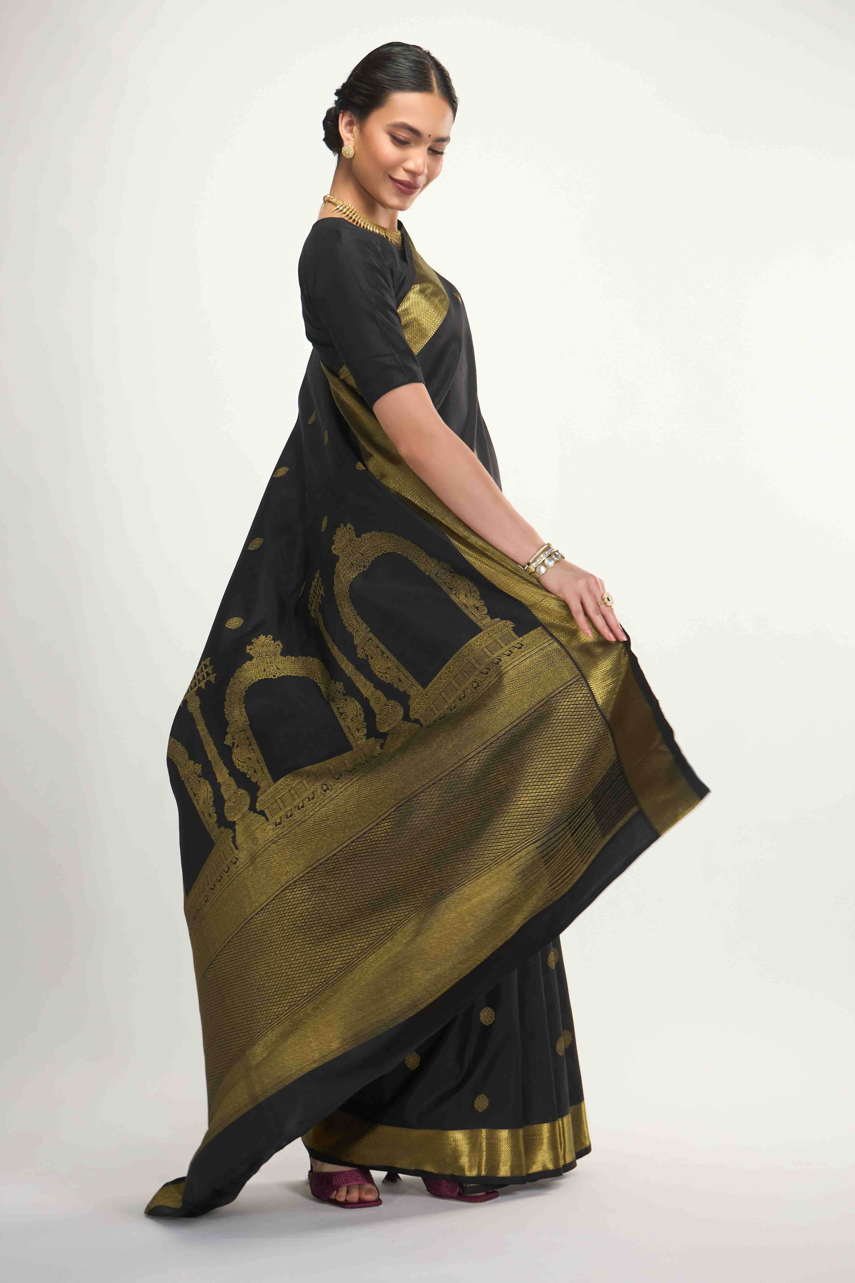 Thiruvakshi-Pure Silk Pure Gold Zari Black Kanchipuram Saree - Image 3
