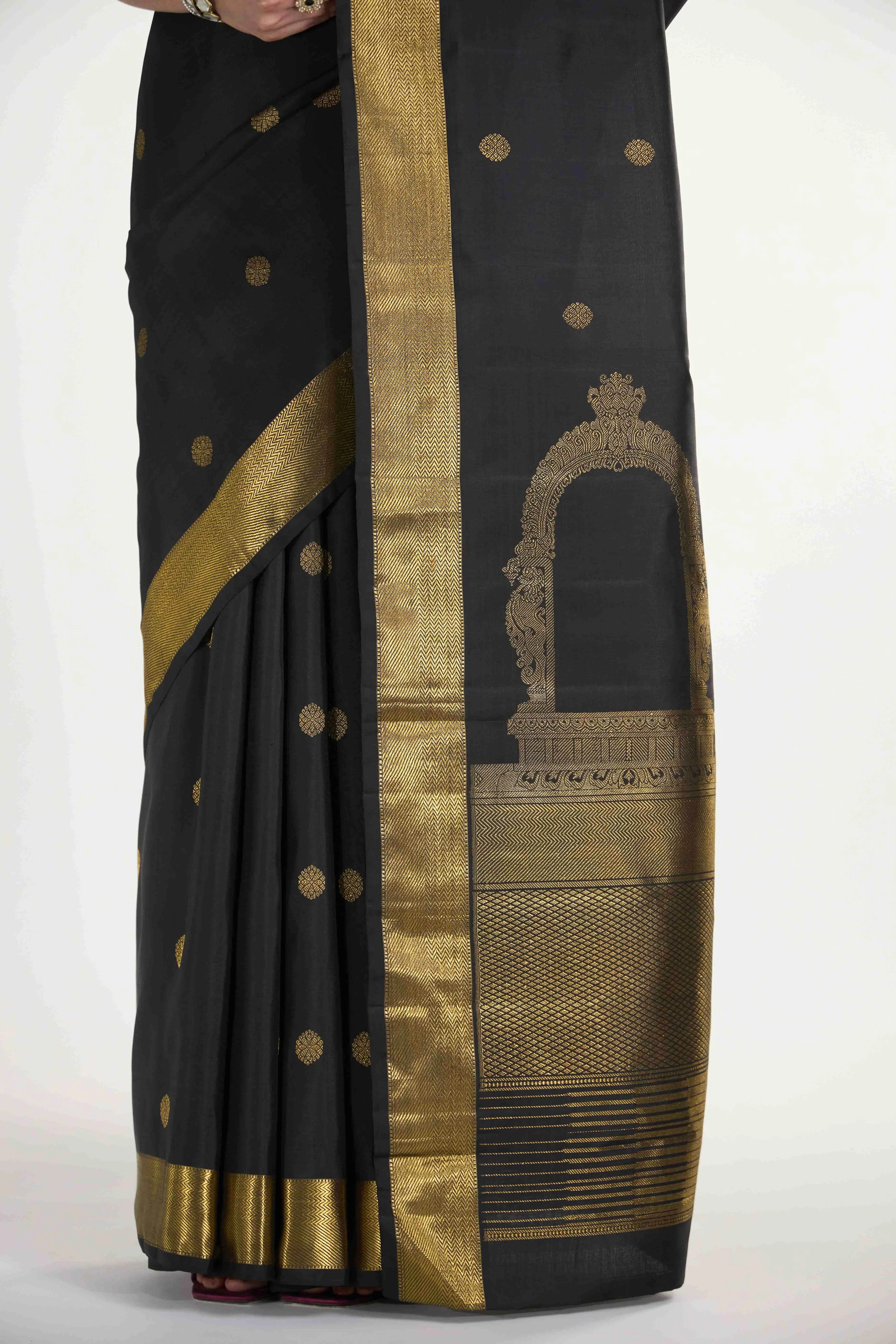 Thiruvakshi-Pure Silk Pure Gold Zari Black Kanchipuram Saree - Image 5