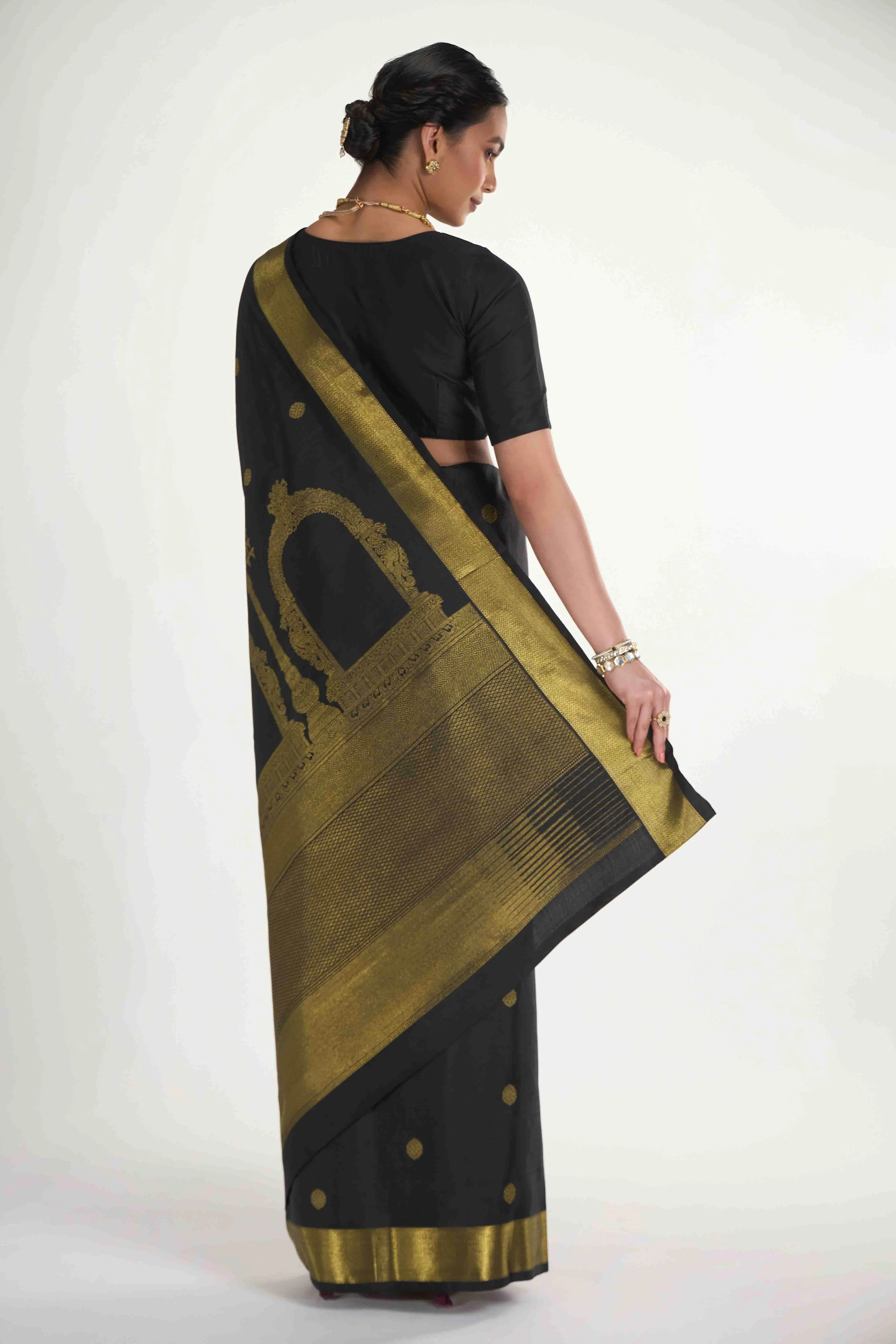 Thiruvakshi-Pure Silk Pure Gold Zari Black Kanchipuram Saree - Image 8