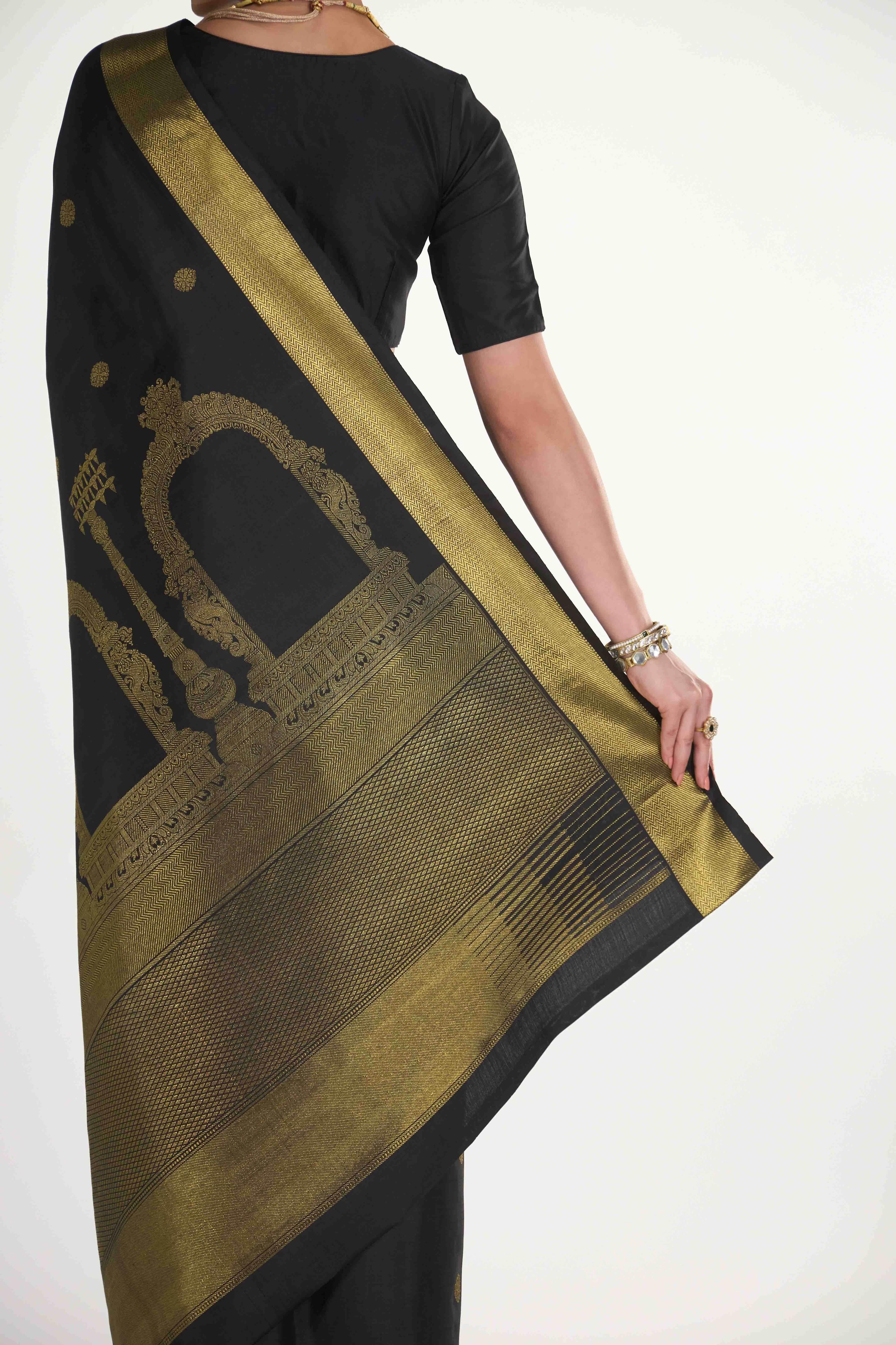 Thiruvakshi-Pure Silk Pure Gold Zari Black Kanchipuram Saree - Image 9