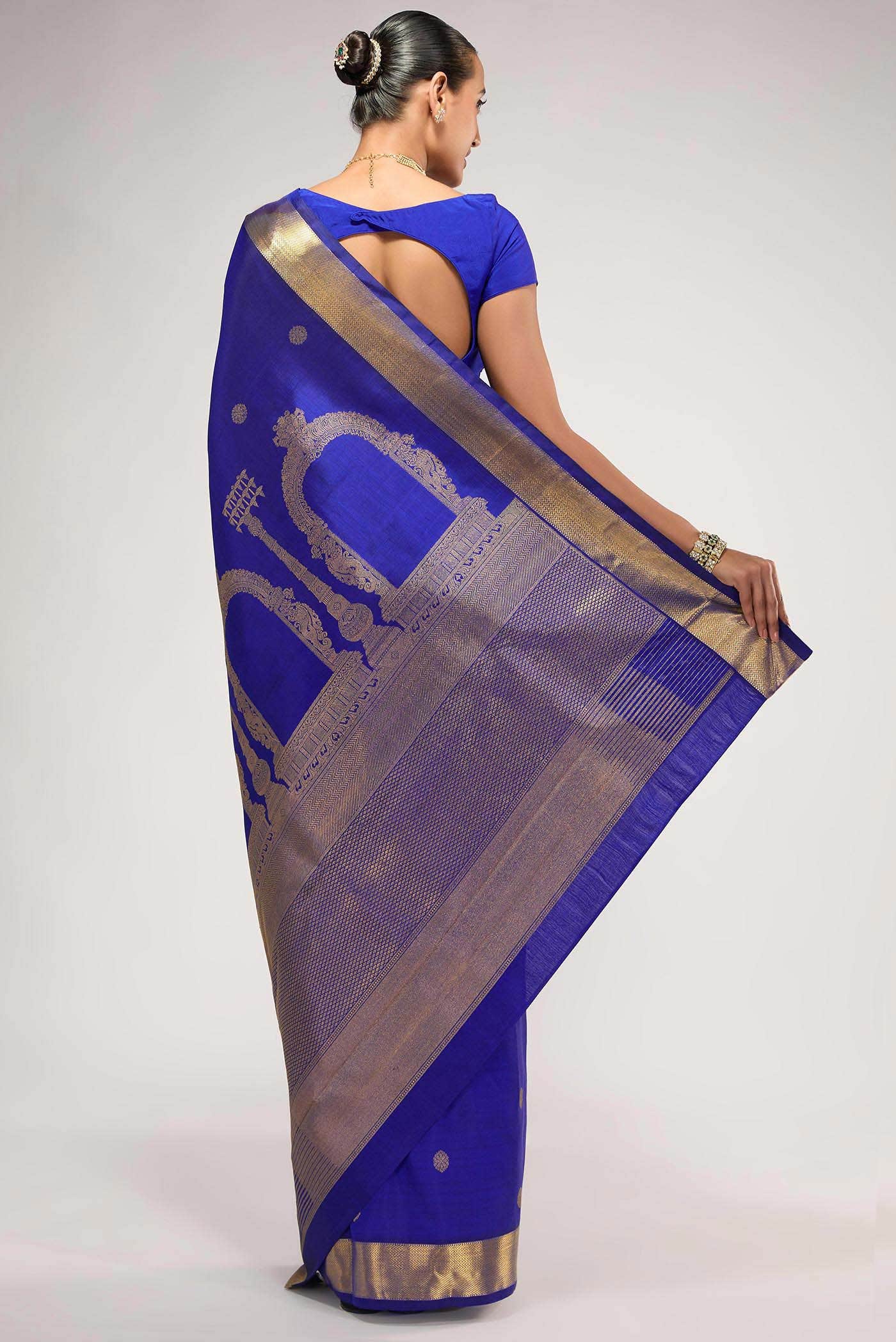 Thiruvakshi-Pure Silk Pure Gold Zari Blue Kanchipuram Saree - Image 10