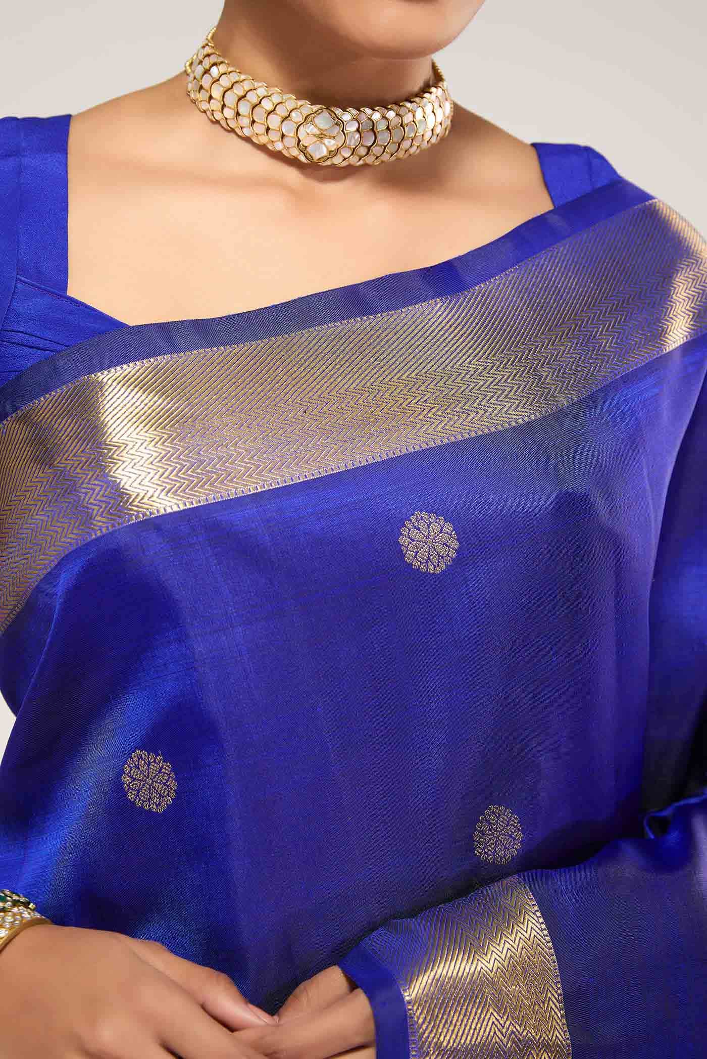 Thiruvakshi-Pure Silk Pure Gold Zari Blue Kanchipuram Saree - Image 3
