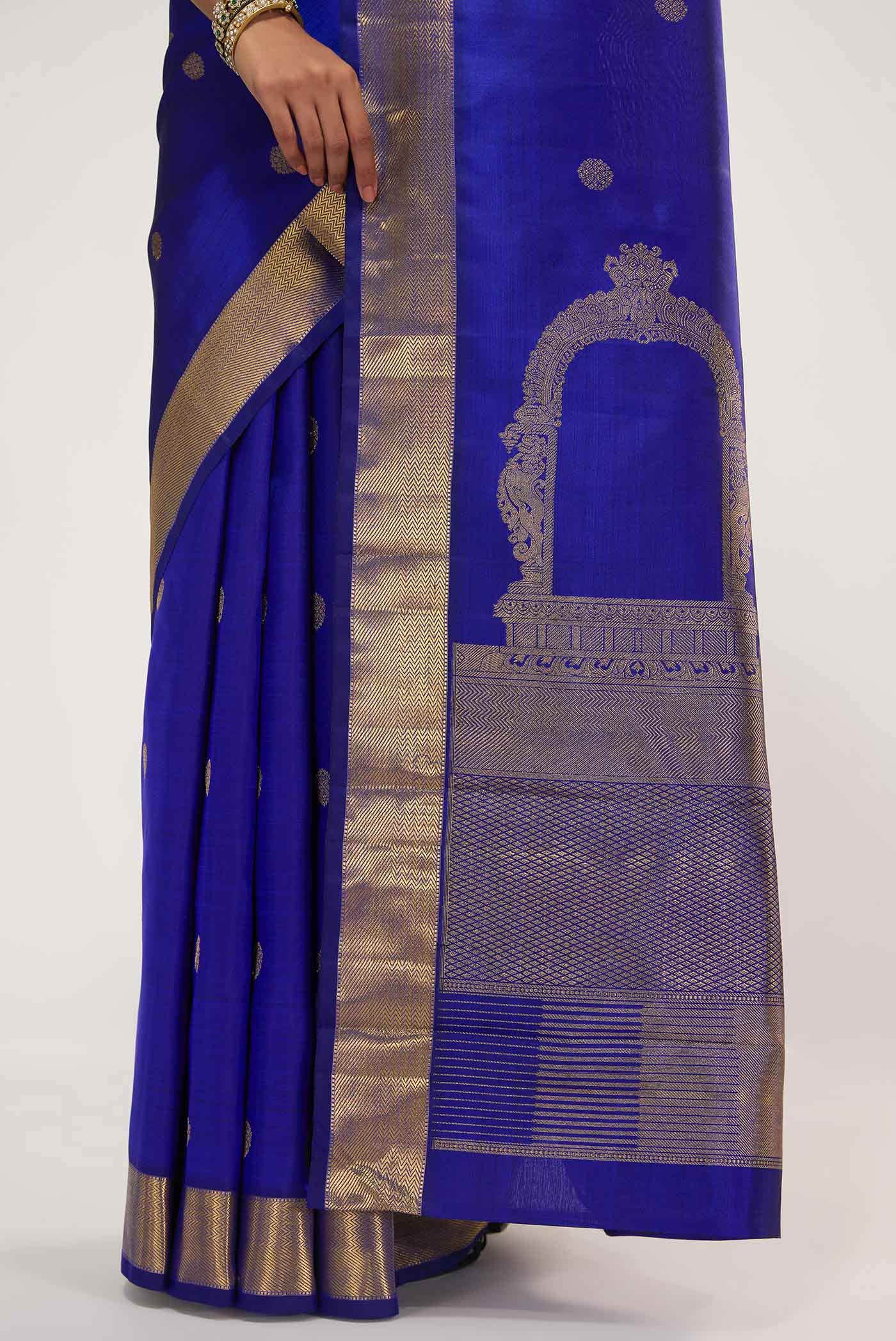 Thiruvakshi-Pure Silk Pure Gold Zari Blue Kanchipuram Saree - Image 9
