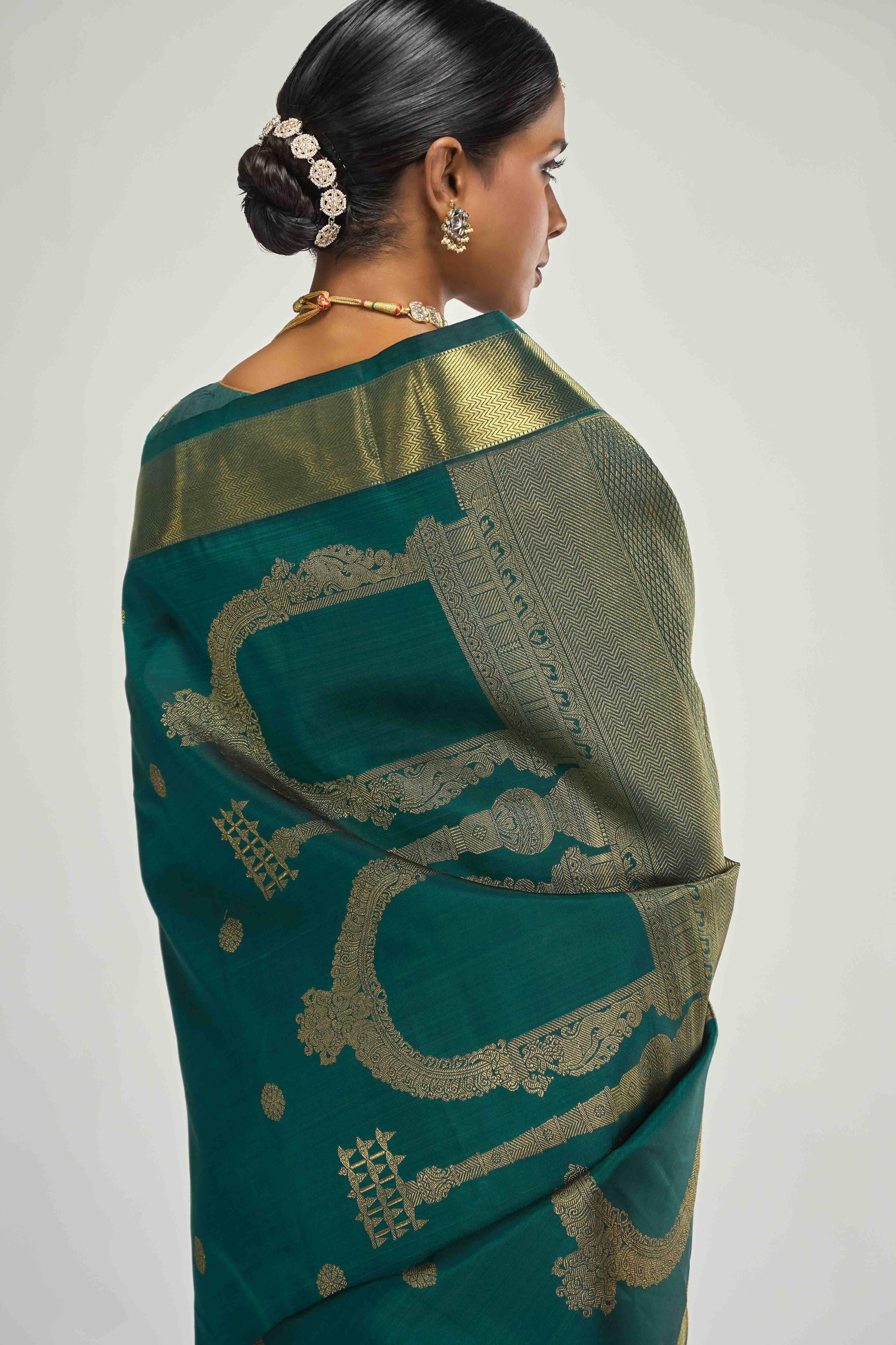 Thiruvakshi-Pure Silk Pure Gold Zari Green Kanchipuram Saree - Image 7