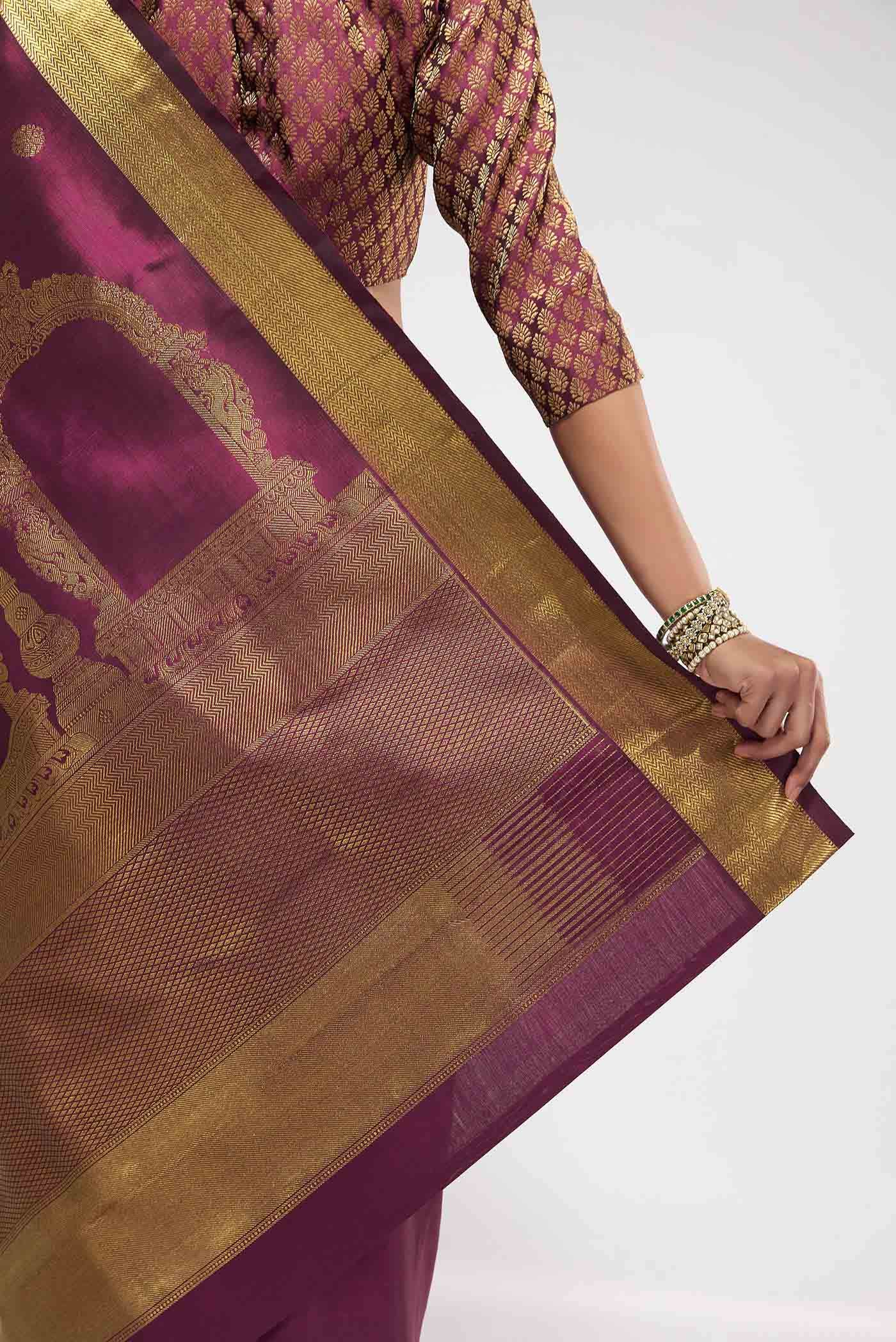 Thiruvakshi-Pure Silk Pure Gold Zari Maroon Kanchipuram Saree - Image 9