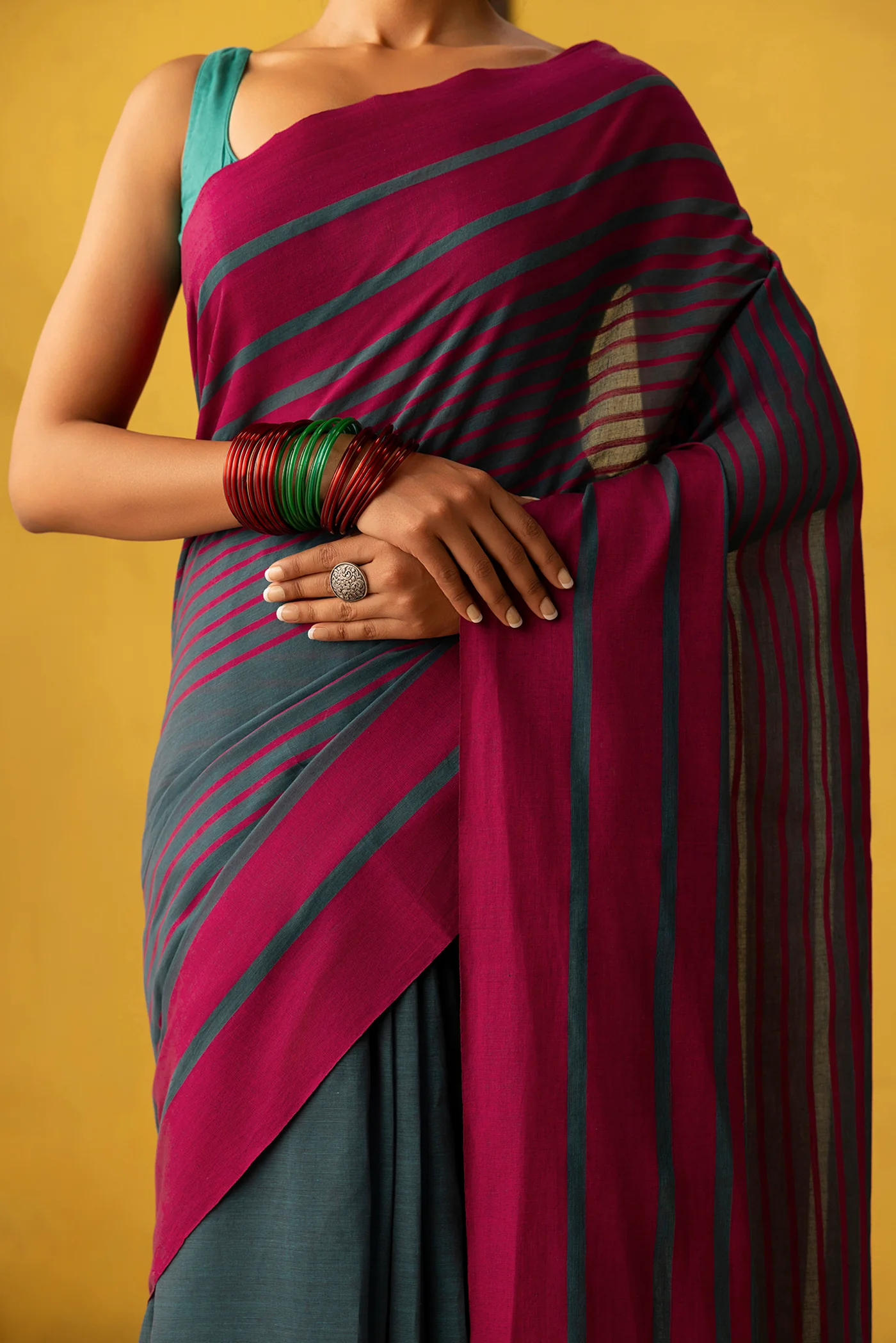 Titli-Dark Teal Cotton Saree - Image 4