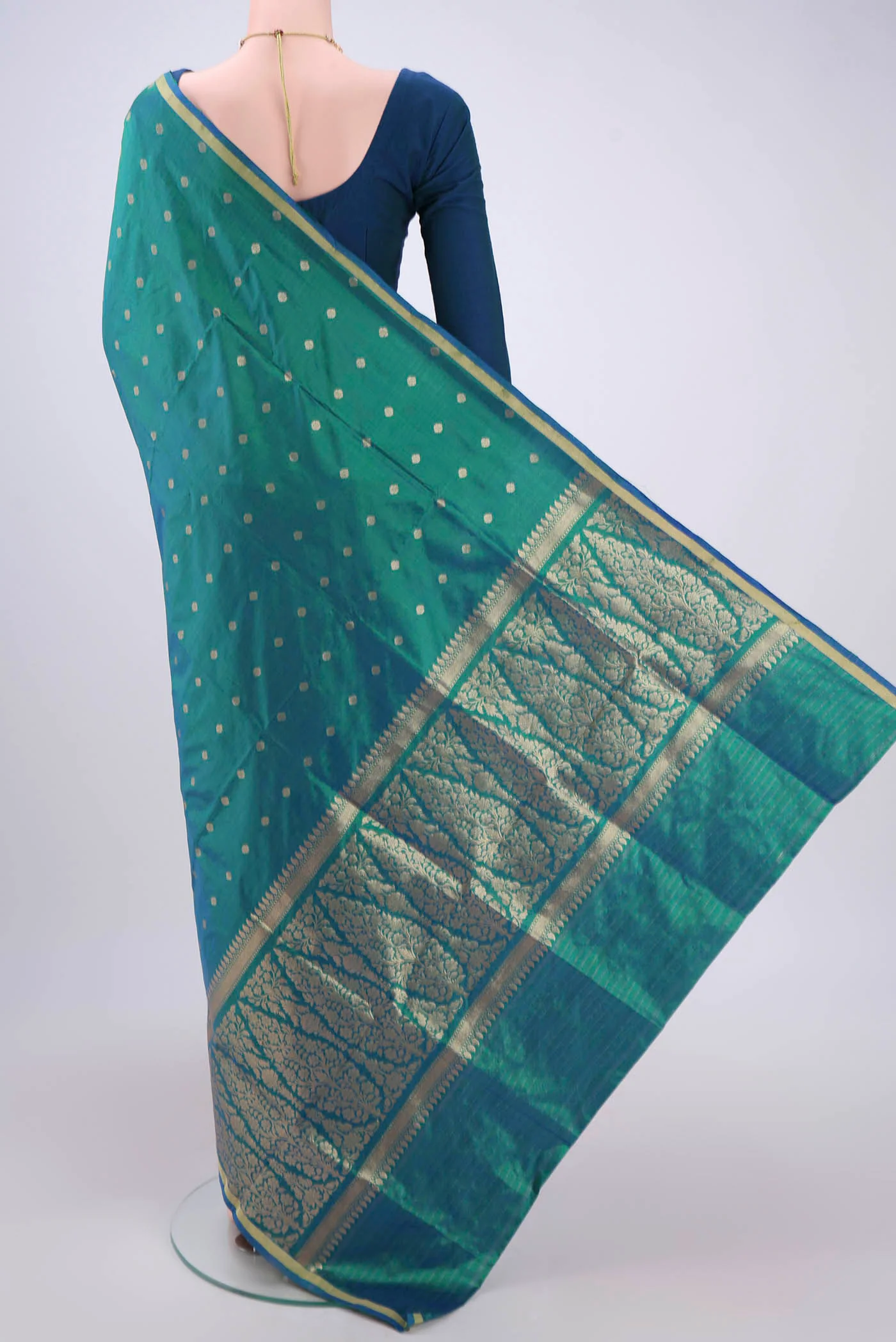 Peacock Blue Dual Tone Banarasi Katan Silk Saree - Image 3