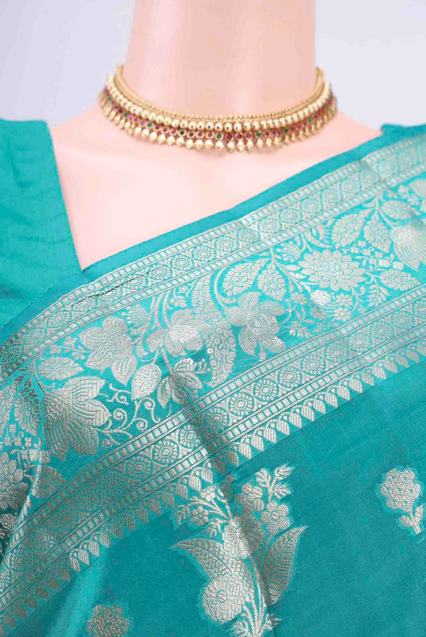 Turquoise Banarasi Raw Silk Saree - Image 2