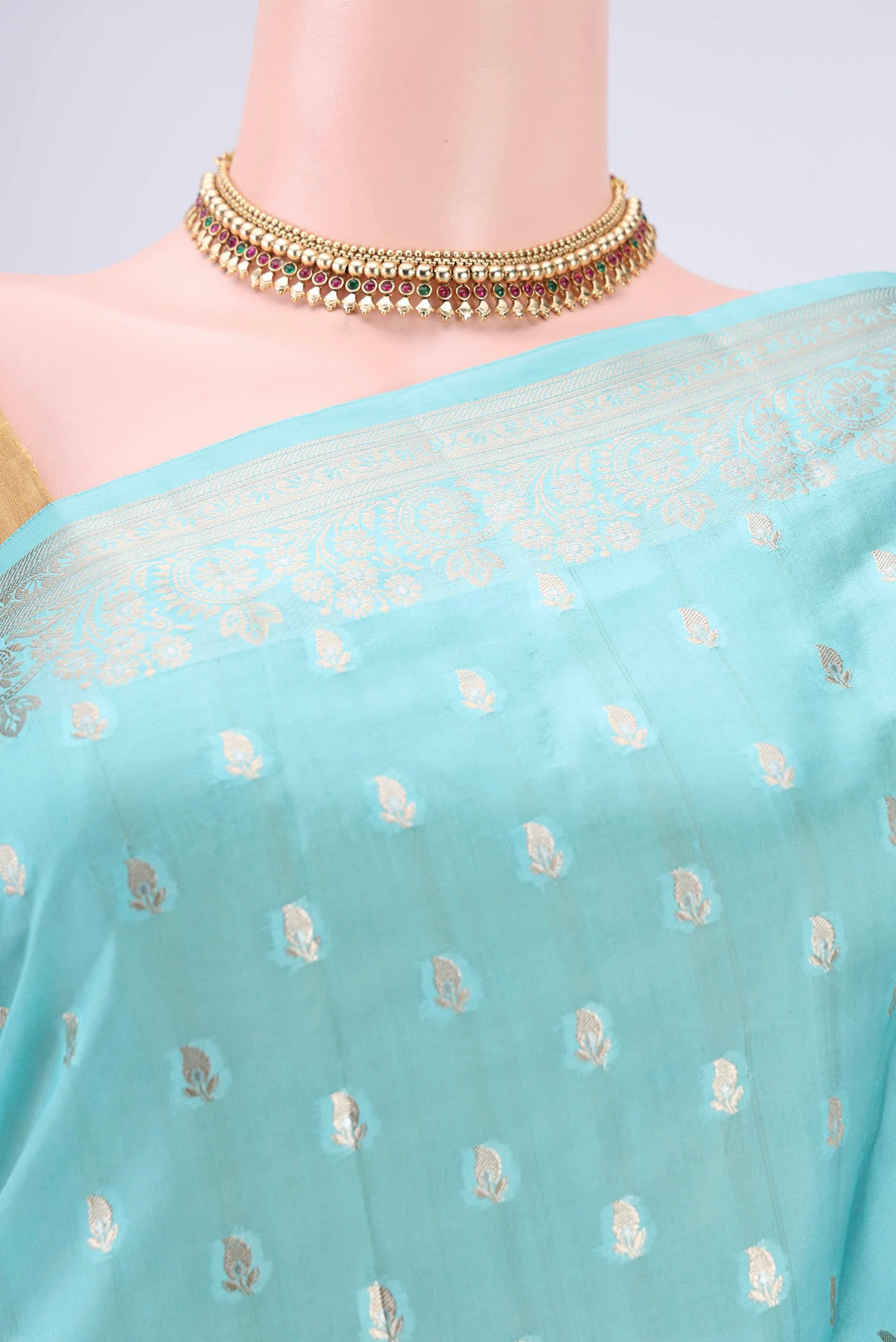 Turquoise Banarasi Raw Silk Saree - Image 2