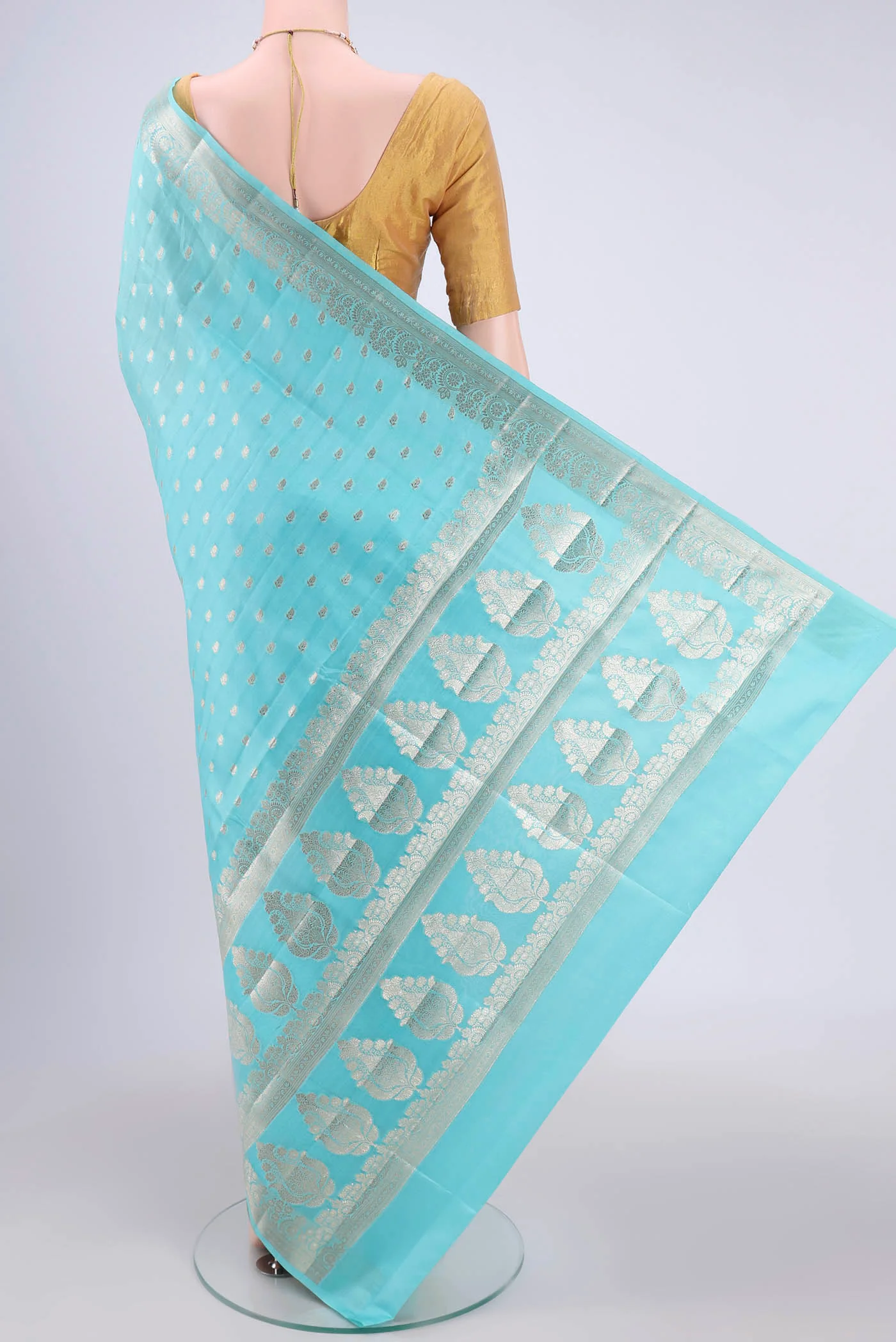 Turquoise Banarasi Raw Silk Saree - Image 3