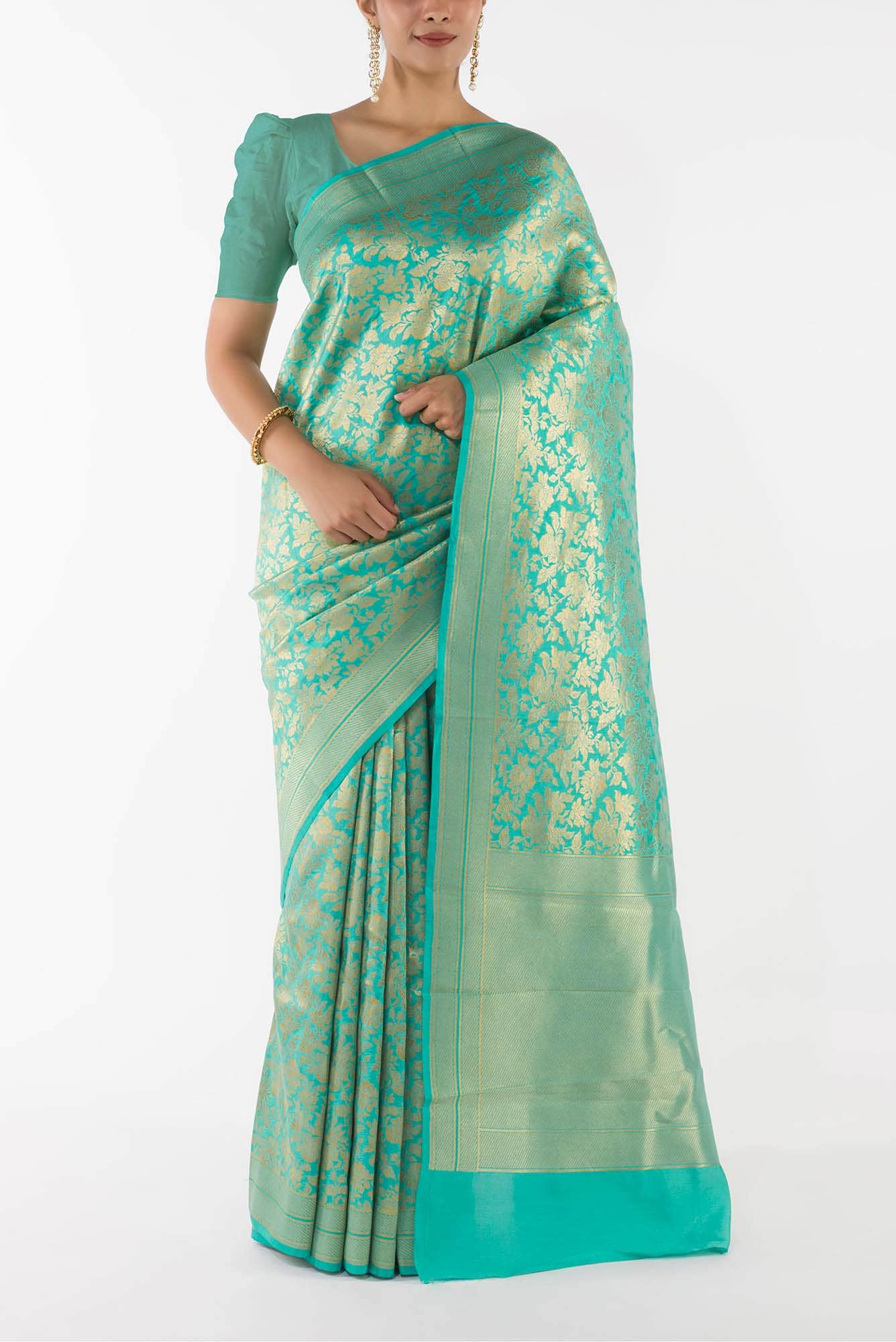 Blossom Bahar- Turquoise Banarasi Silk Saree - Image 2