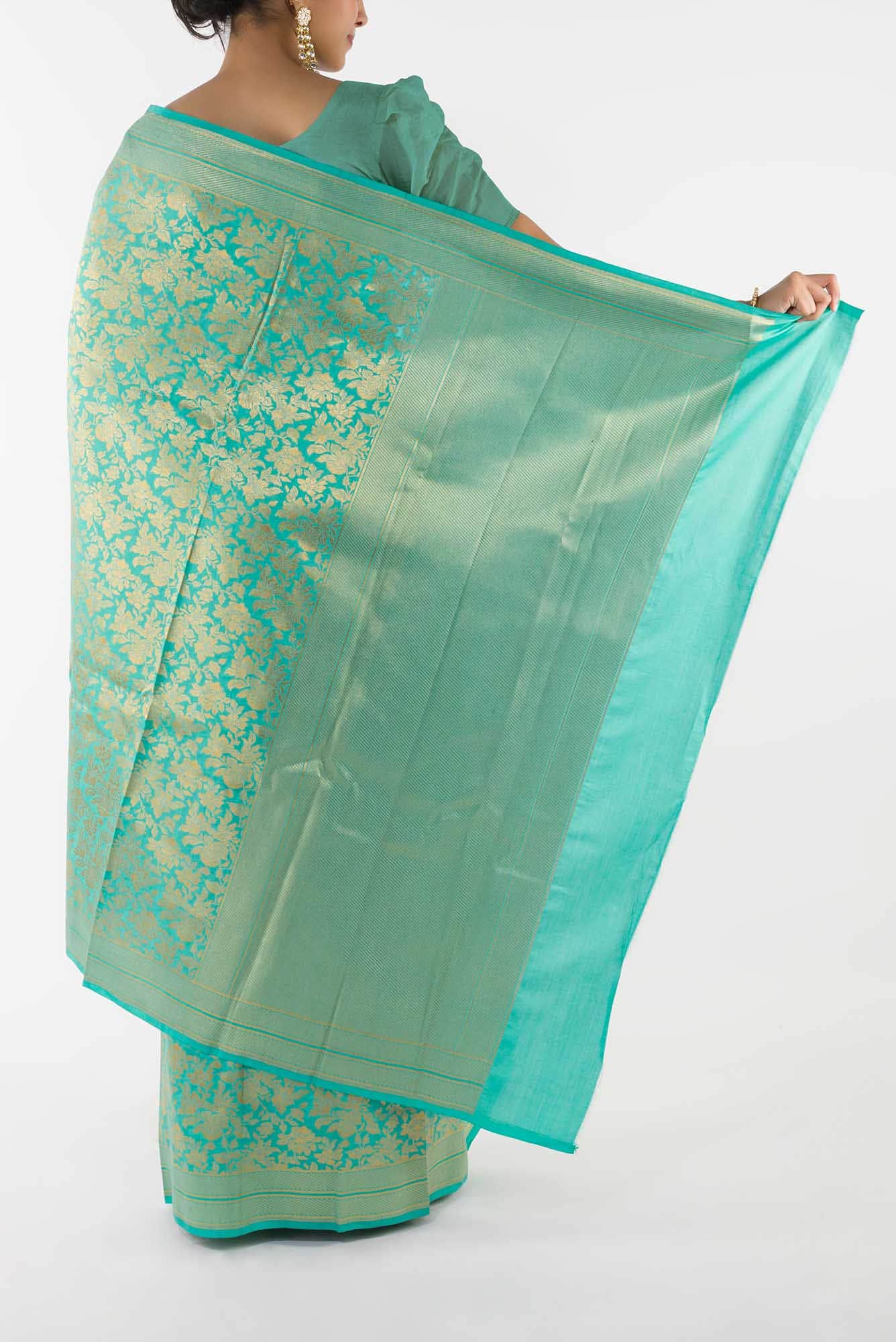 Blossom Bahar- Turquoise Banarasi Silk Saree - Image 5
