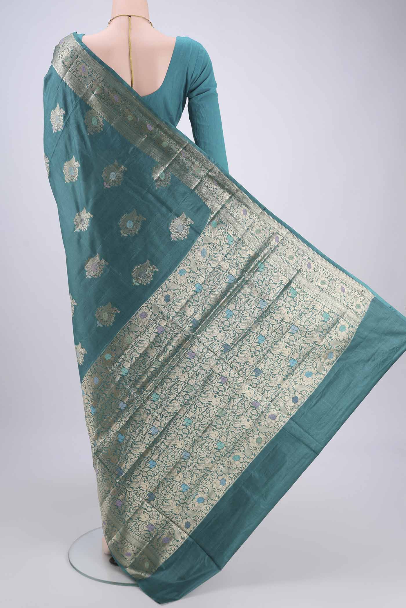 Blue Banarasi Tussar Silk Saree - Image 3
