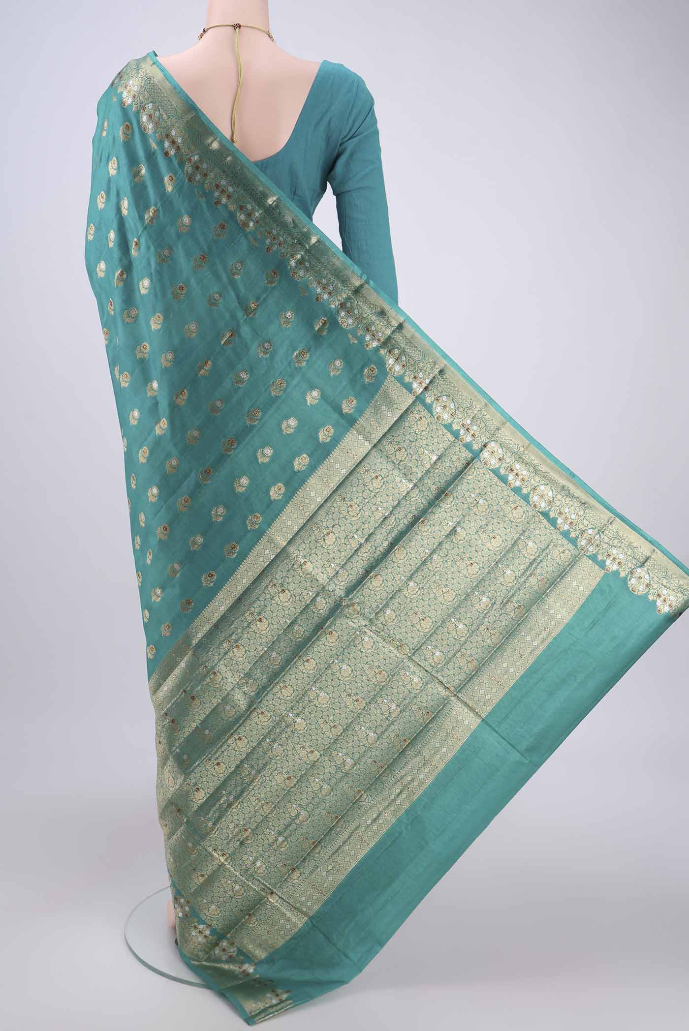 Turquoise Banarasi Tussar Silk Saree - Image 3