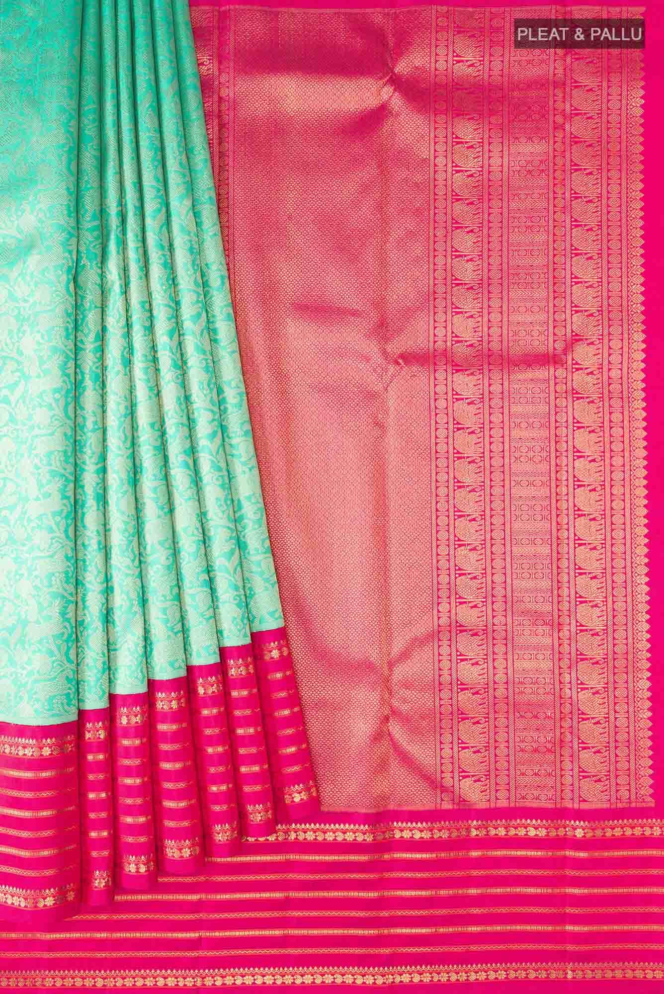 Pure Silk Pure Zari Turquoise Kanjivaram Saree - Image 2