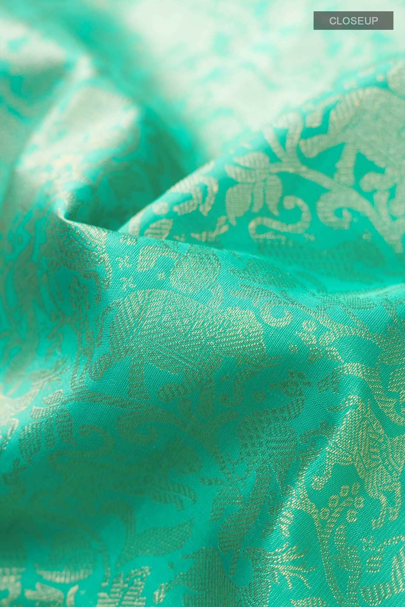 Pure Silk Pure Zari Turquoise Kanjivaram Saree - Image 3