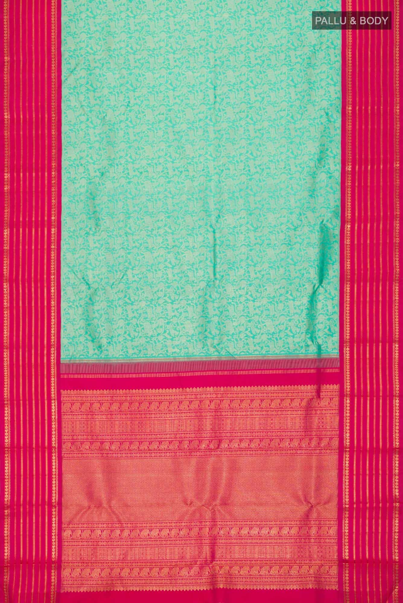 Pure Silk Pure Zari Turquoise Kanjivaram Saree - Image 4