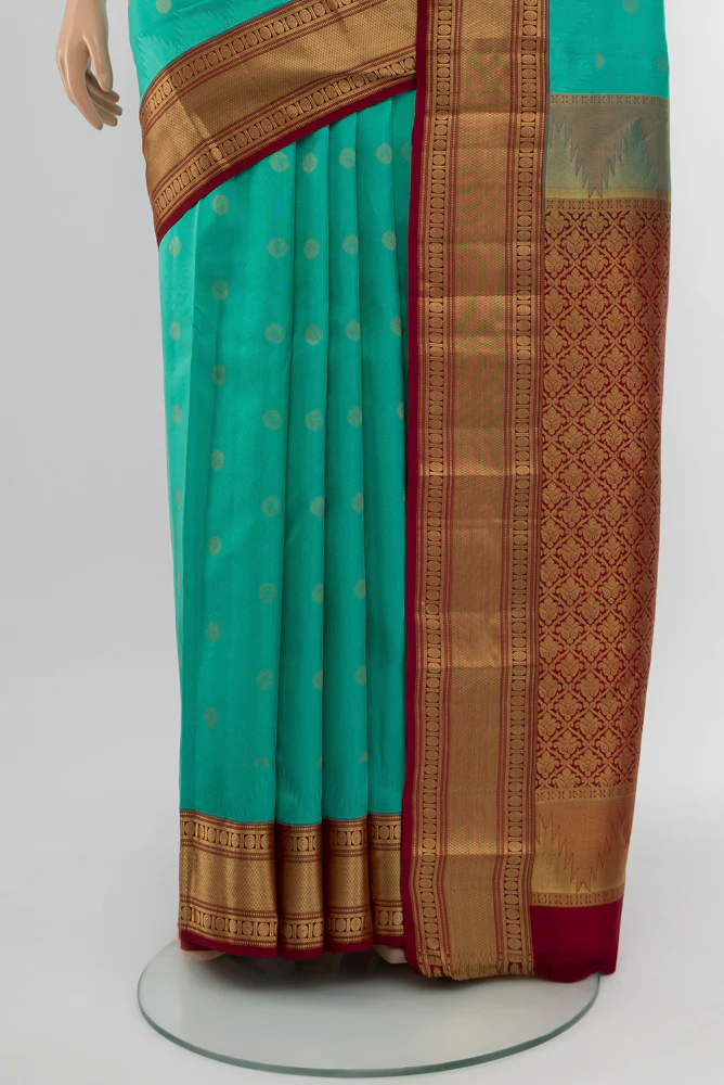 Turquoise Kanchipuram Silk Saree - Image 3