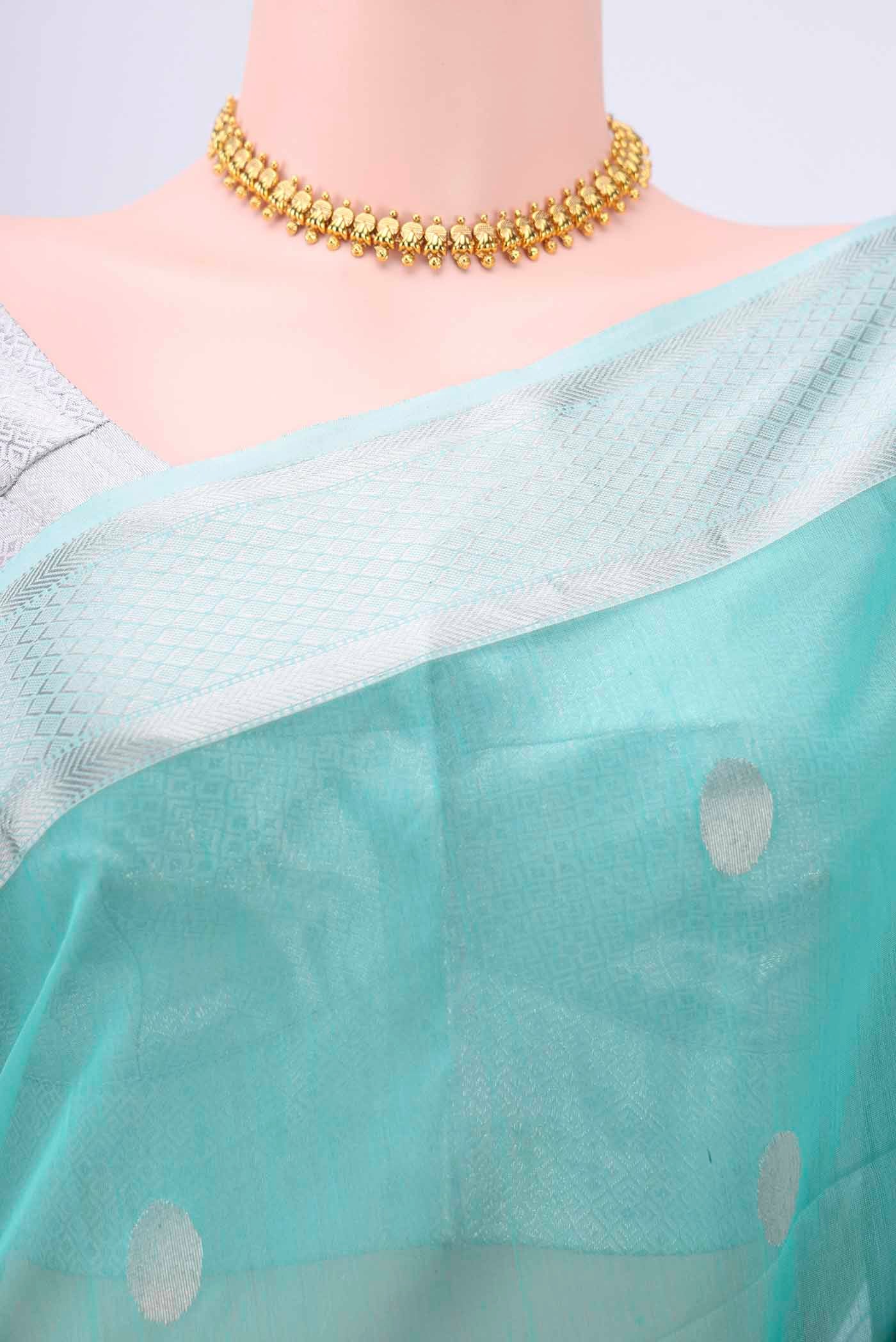 Turquoise Maheshwari Silk Cotton Saree - Image 2