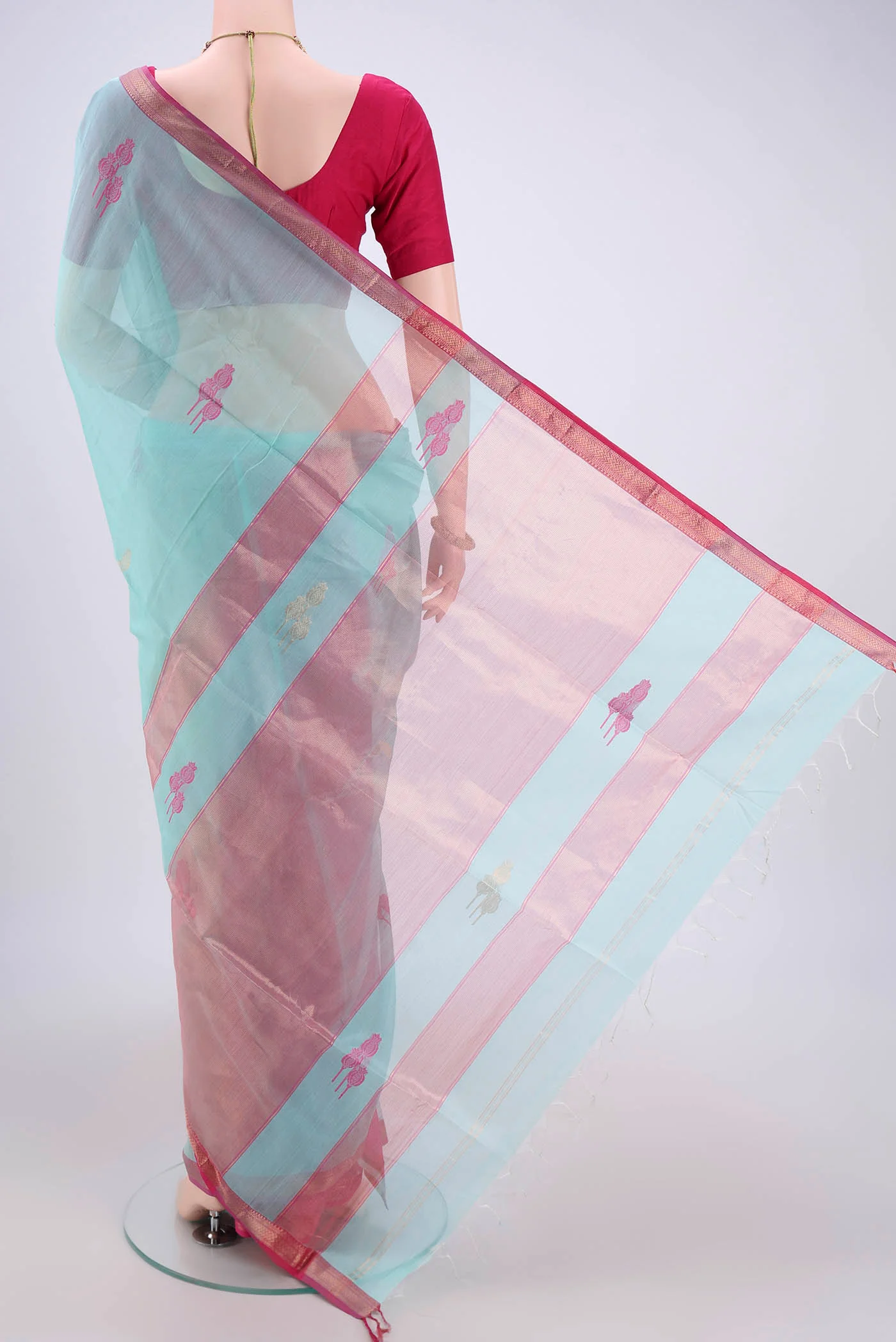 Turquoise Maheshwari Silk Cotton Saree - Image 3