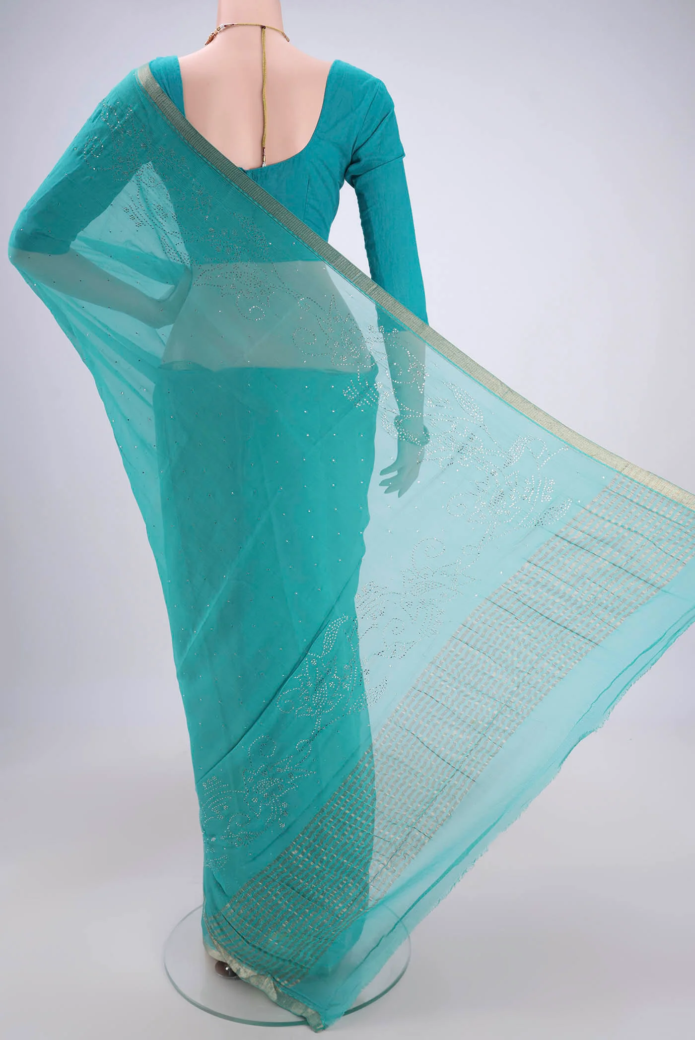 Turquoise Mysore Chiffon Saree - Image 3
