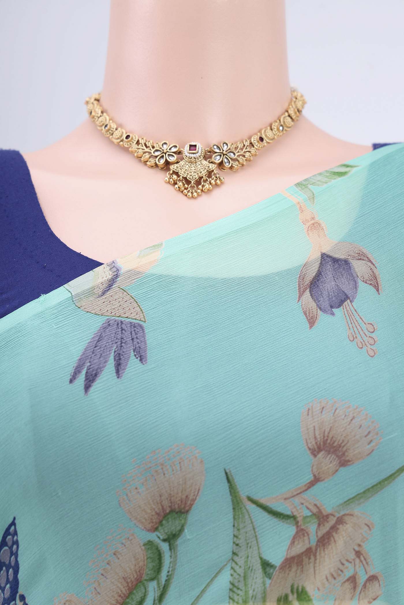 Turquoise Mysore Chiffon Saree - Image 2