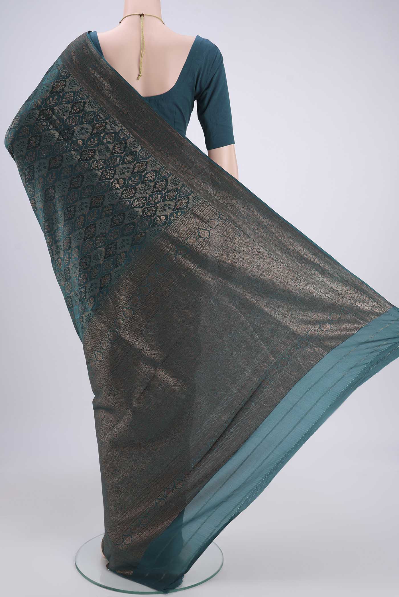 Teal Mysore Crepe Saree - Image 3