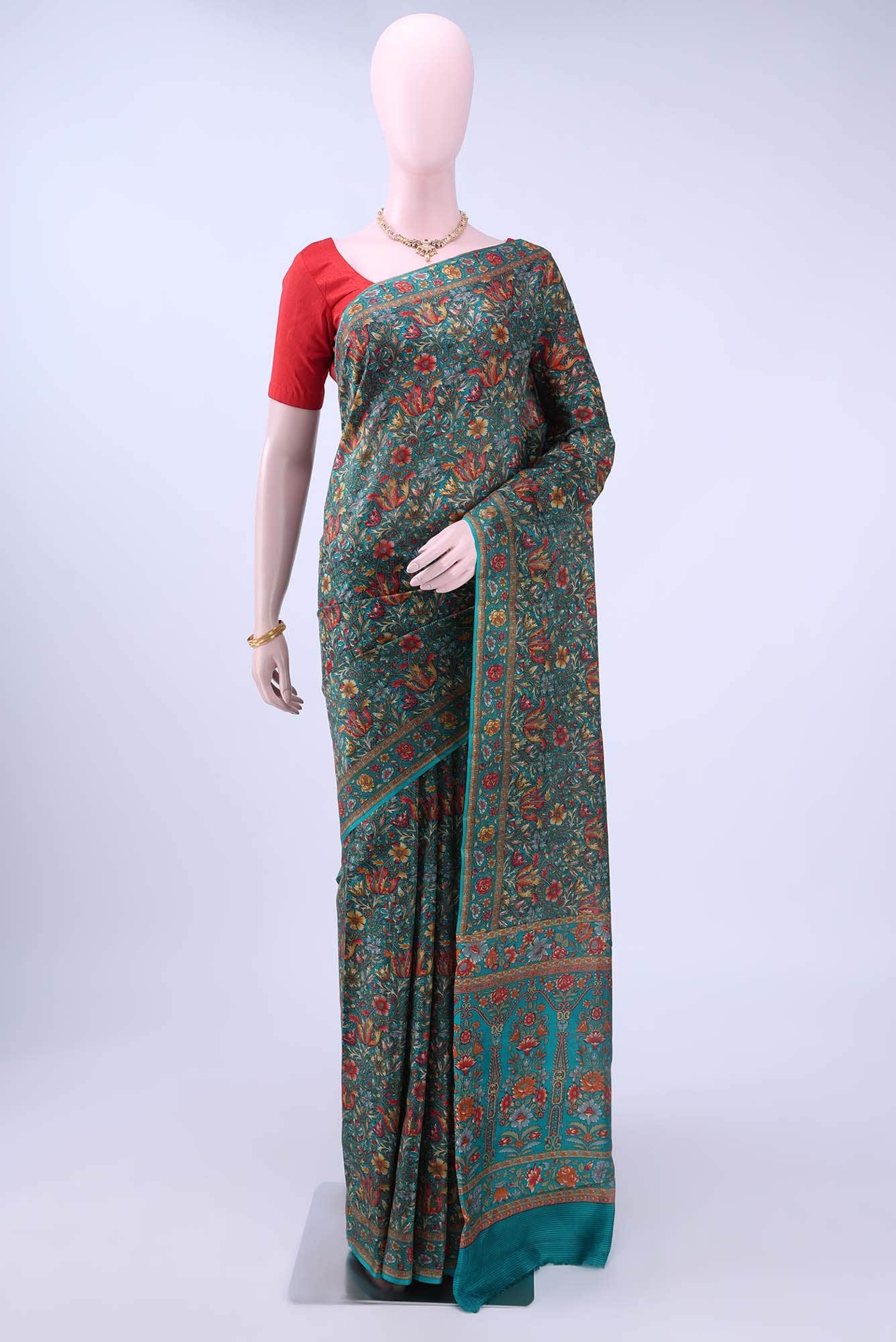 Turquoise Printed Silk Saree