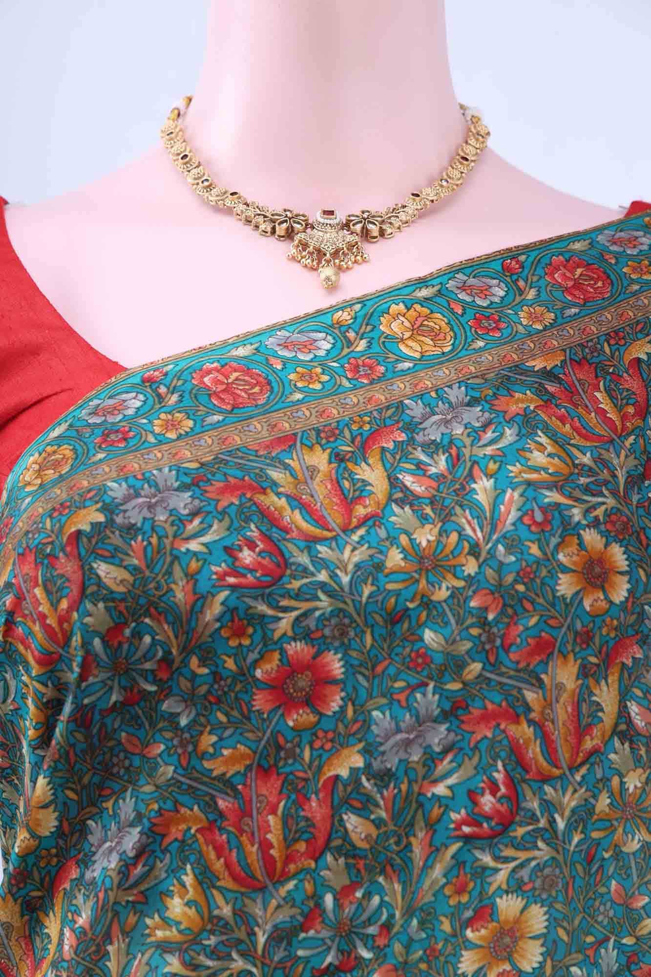 Turquoise Printed Silk Saree - Image 2