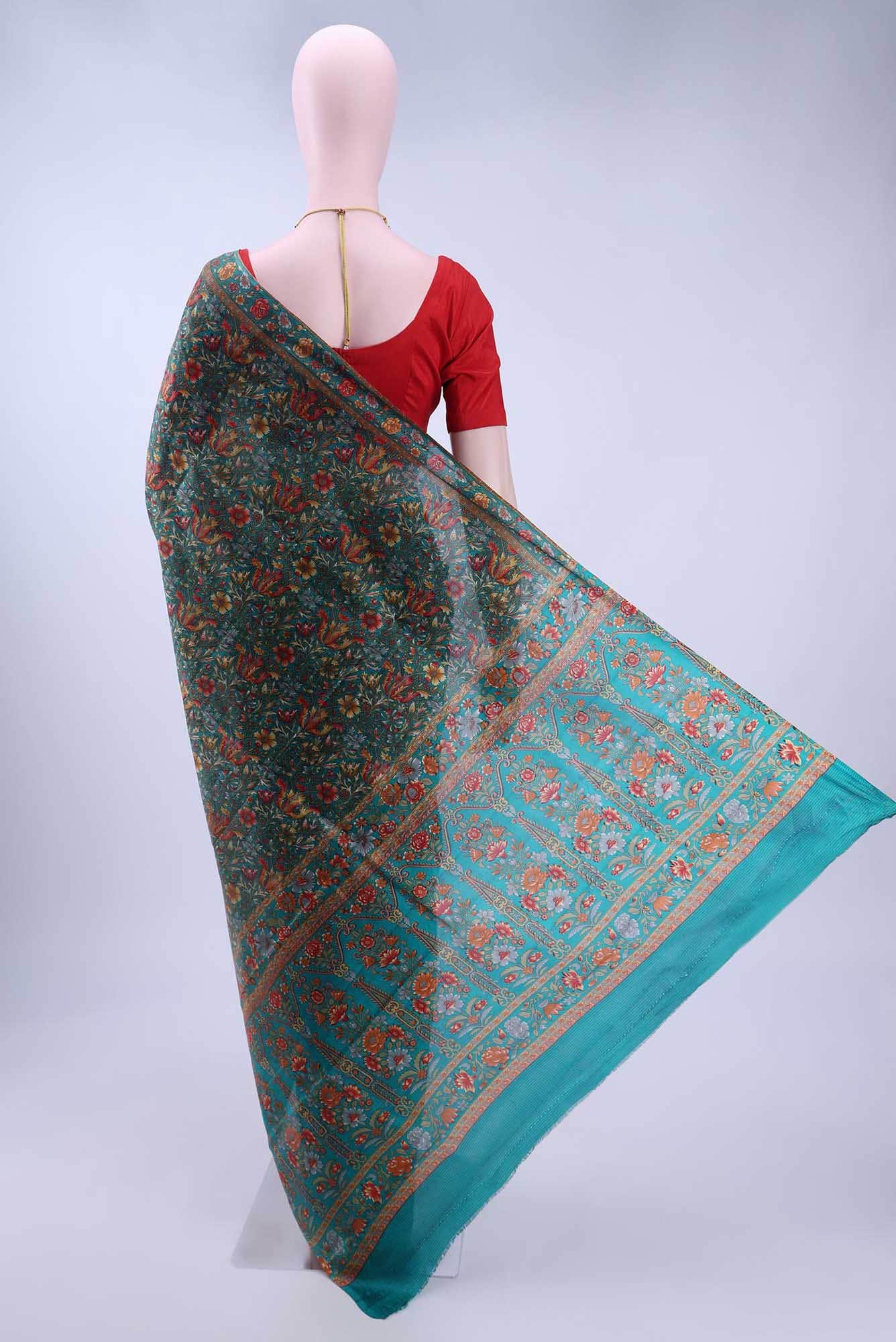 Turquoise Printed Silk Saree - Image 3