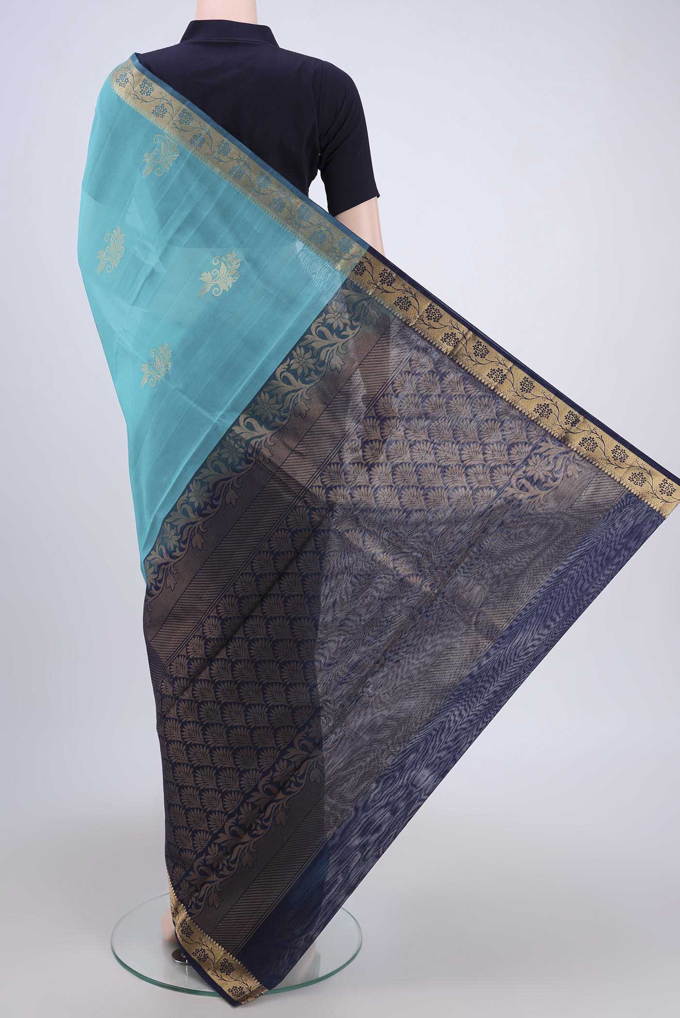 Light Blue Silk Cotton Saree - Image 3