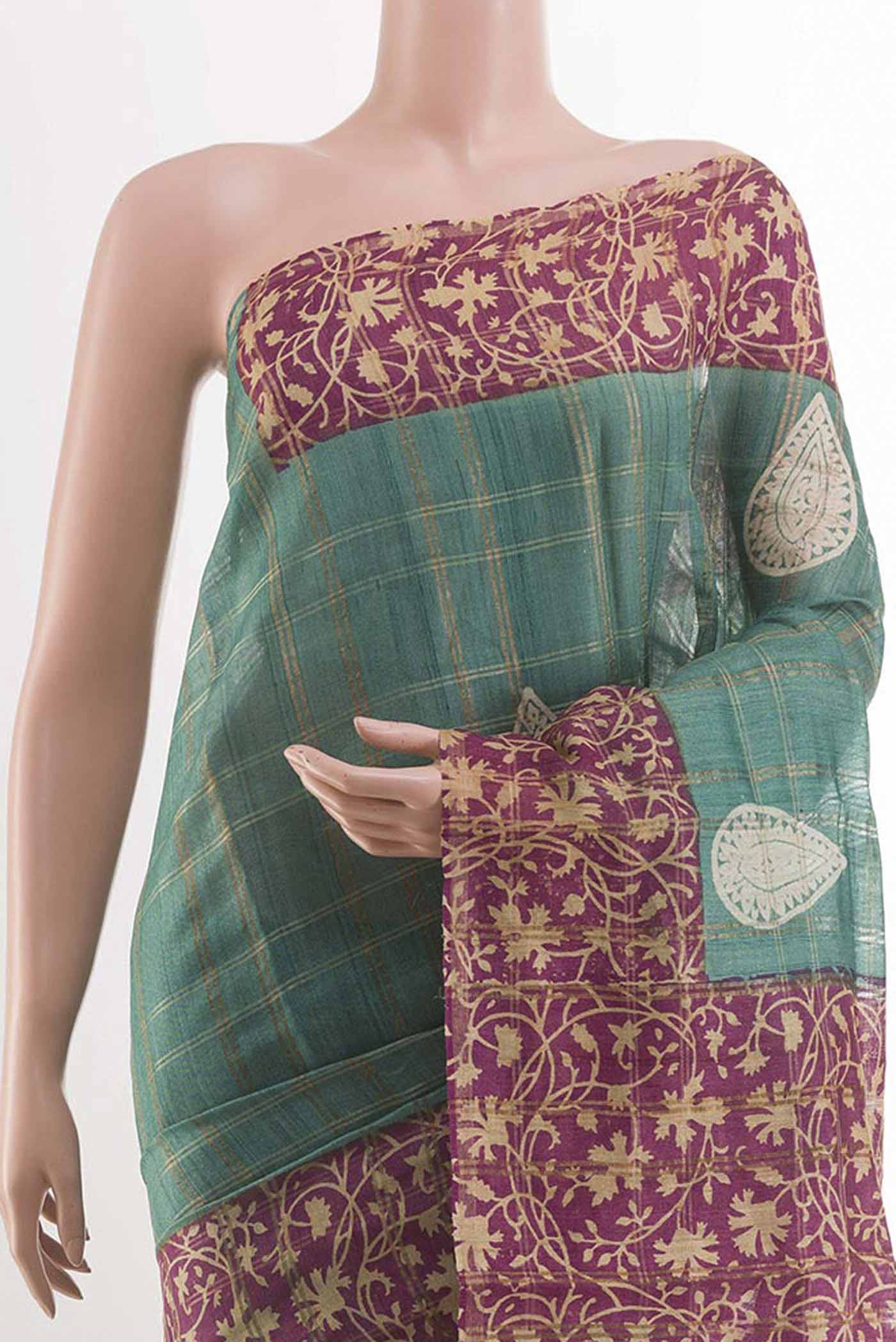 Turquoise Tussar Saree - Image 2