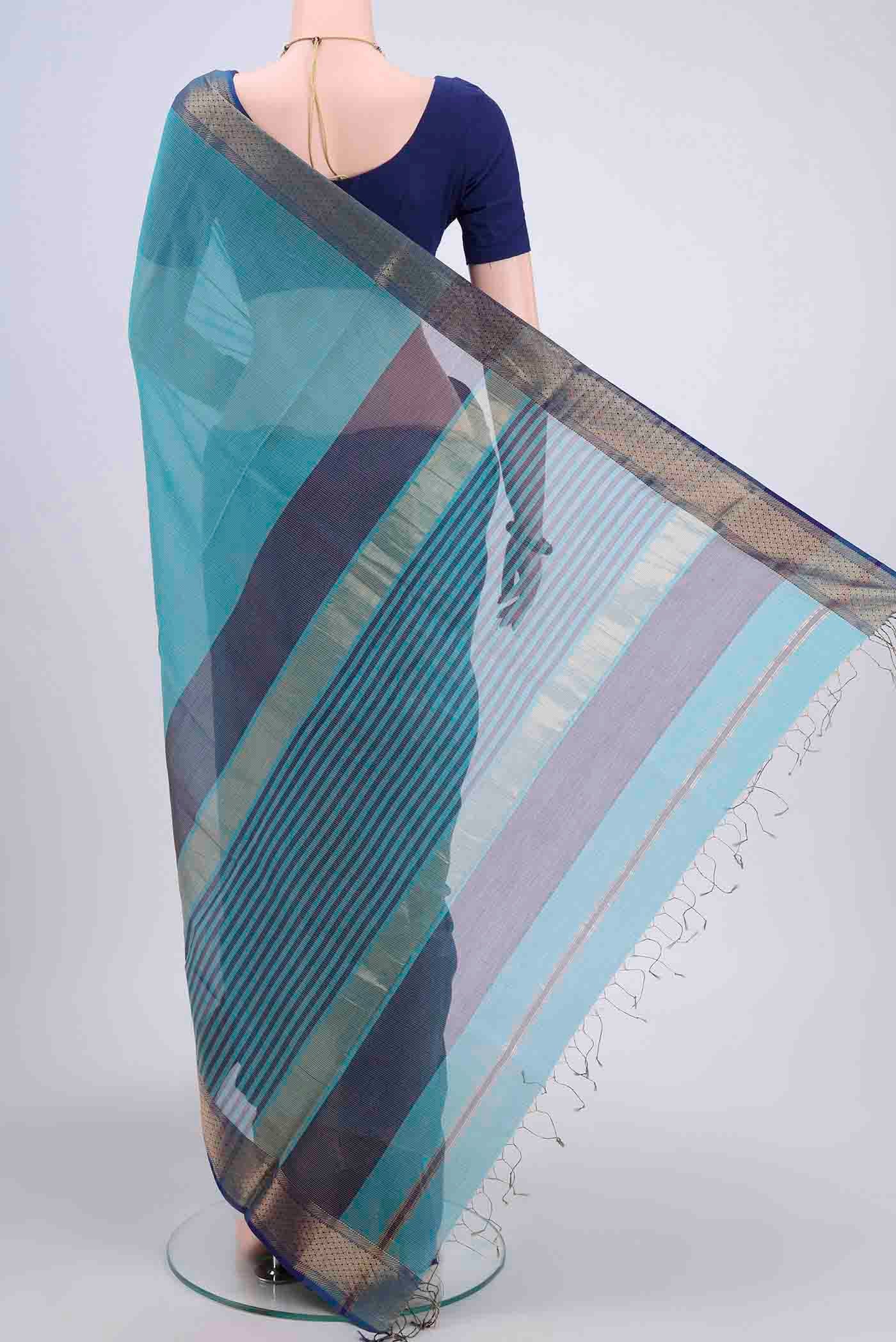 Sky Blue Maheshwari Silk Cotton Saree - Image 3