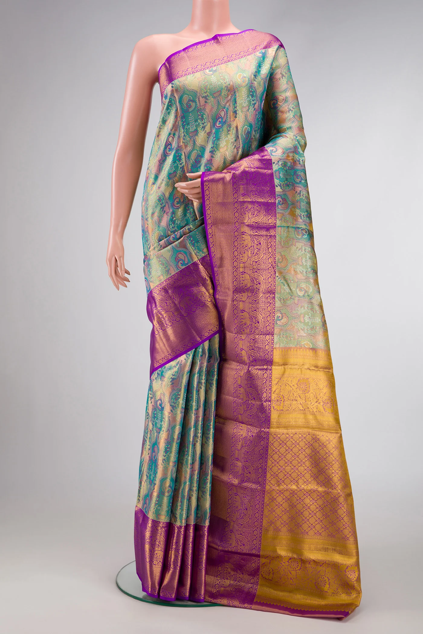 Turquoise with Gold Color Kanjivaram Tissue Silk Saree